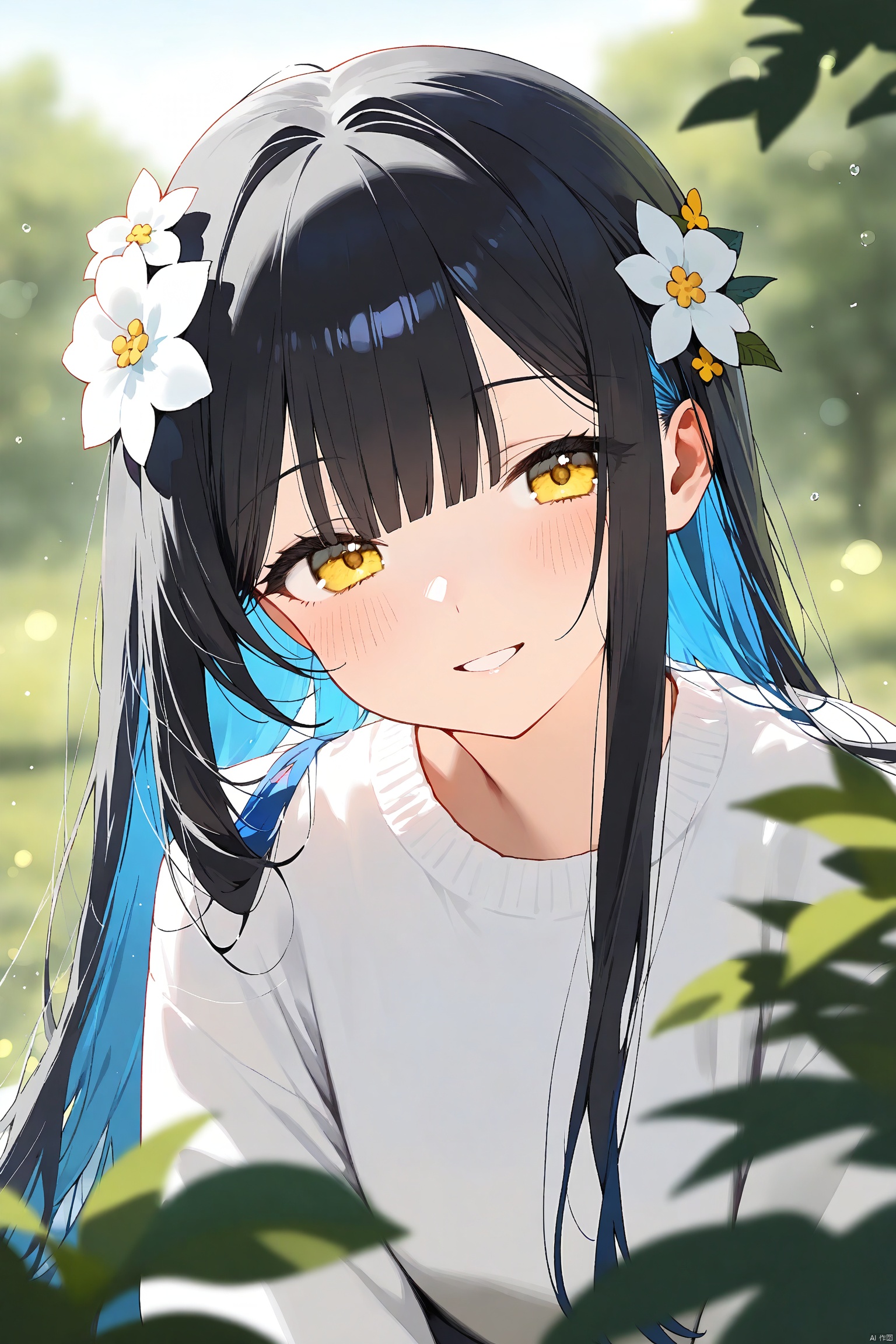 1girl, flower, solo, looking at viewer, yellow eyes, hair ornament, white flower, colored inner hair, blue hair, blurry, black hair, long hair, multicolored hair, smile, upper body, shirt, white shirt, hair flower, blurry background, two-tone hair, blush, depth of field, long sleeves, blurry foreground, outdoors, hair between eyes, parted lips, sidelocks, blunt bangs, white sweater