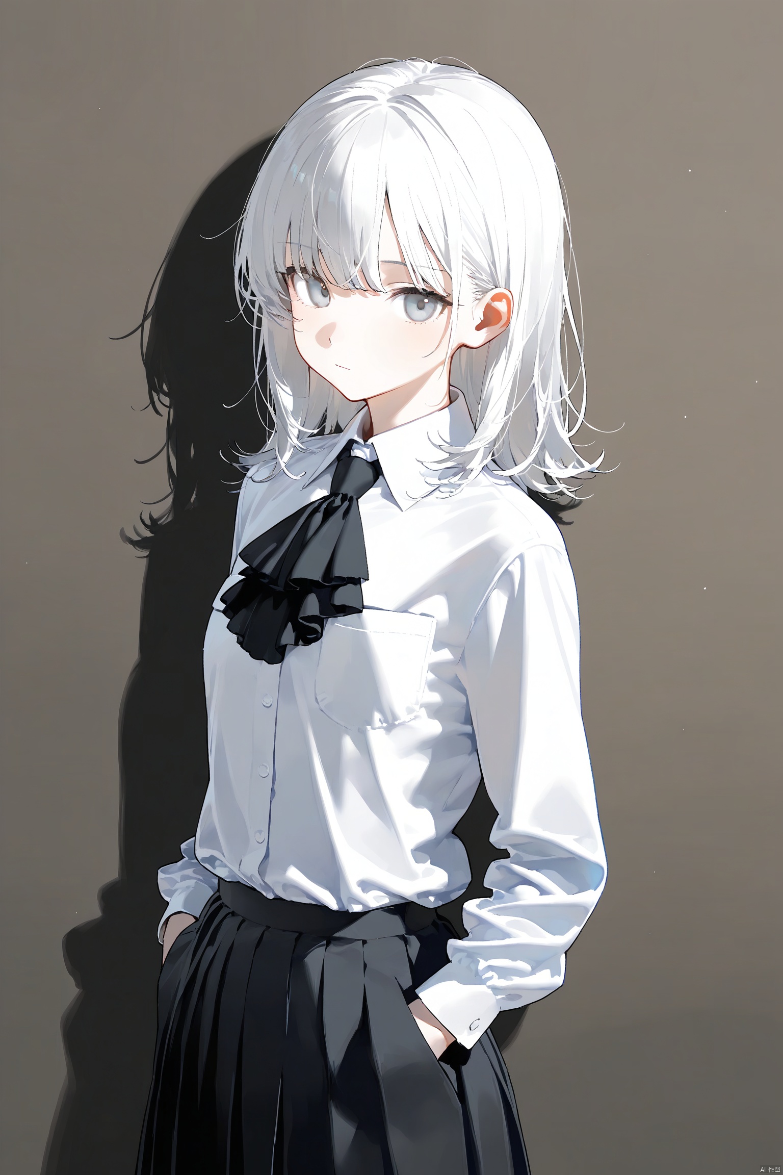 1girl, solo, looking at viewer, bangs, skirt, shirt, long sleeves, closed mouth, standing, white shirt, white hair, cowboy shot, pleated skirt, collared shirt, black skirt, medium hair, grey eyes, ascot, hands in pockets, breast pocket, black ascot