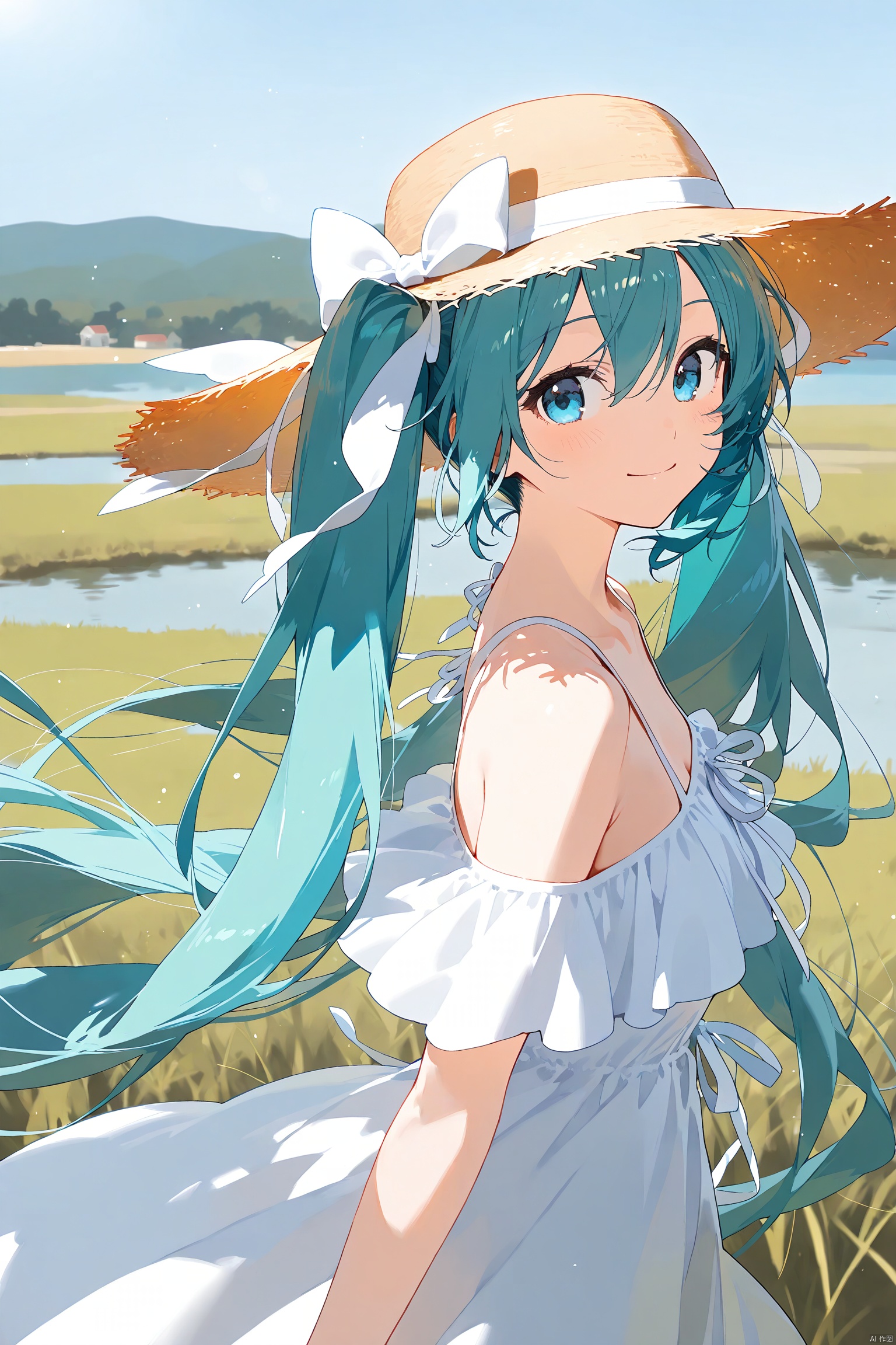 1girl, bangs, bare_shoulders, blue_eyes, brown_headwear, closed_mouth, dress, from_side, hat, hat_bow, hat_ribbon, hatsune_miku, long_hair, looking_at_viewer, off_shoulder, ribbon, smile, solo, straw_hat, sun_hat, very_long_hair, water, white_dress, white_ribbon