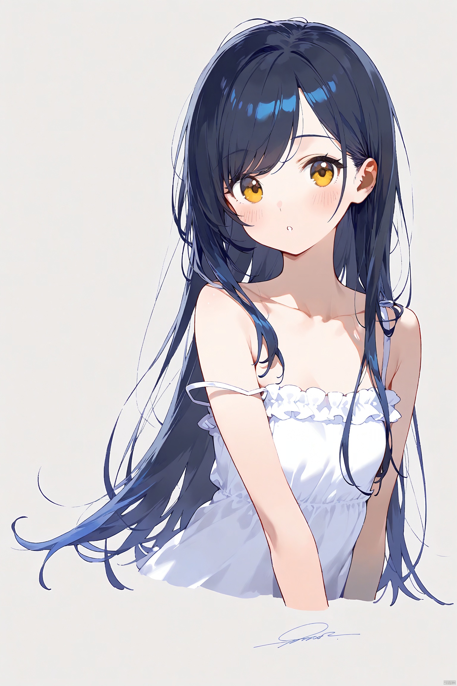 1girl, solo, white background, simple background, long hair, cropped torso, white dress, parted lips, dress, upper body, signature, looking at viewer, collarbone, blush, strap slip, bare shoulders, sleeveless dress, :o, sleeveless, swept bangs, blue hair, brown eyes, very long hair, black hair, bare arms, yellow eyes, frills