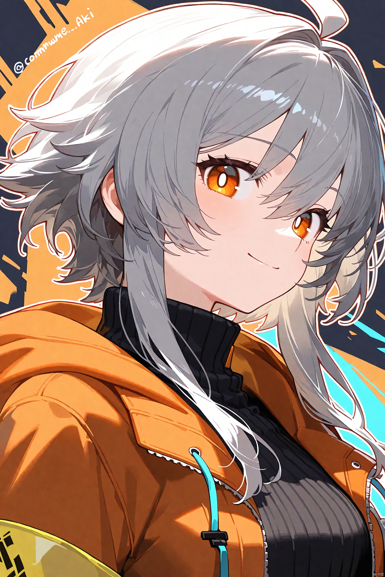 1girl, orange jacket, ahoge, solo, smile, black sweater, sweater, armband, jacket, looking at viewer, turtleneck, ribbed sweater, short hair with long locks, upper body, twitter username, turtleneck sweater, orange eyes, hood, grey hair, bright pupils, portrait, breasts, artist name, medium hair, open jacket, hooded jacket, sidelocks, outline, hair between eyes, closed mouth
