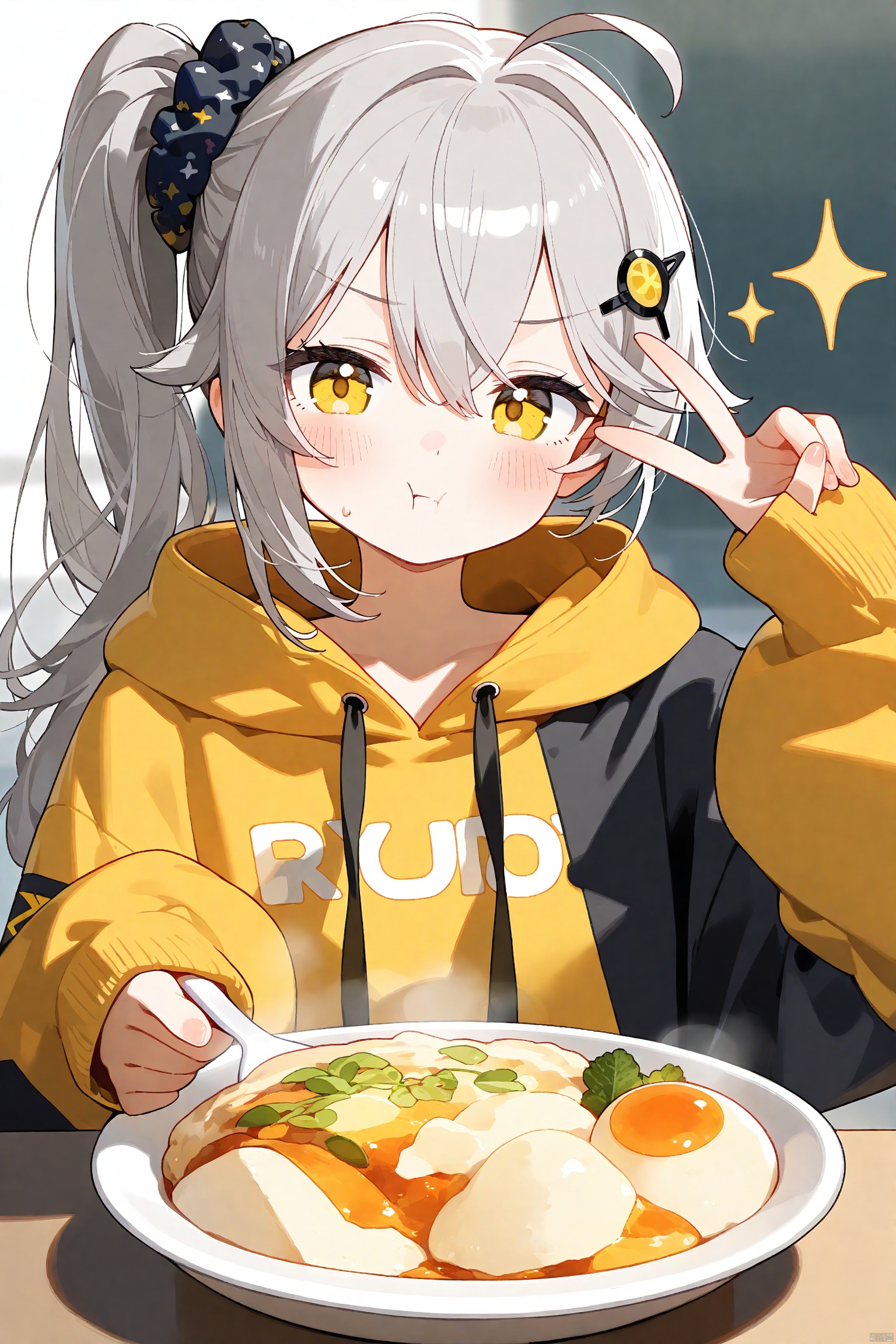 i,best quality, amazing quality, very aesthetic,long hair, 1girl, hood, solo, side_ponytail, hoodie, blush, long_hair, orange_hoodie, holding, upper_body, v, looking_at_viewer, ahoge, hair_between_eyes, grey_hair, long_sleeves, yellow_eyes, bangs, sleeves_past_wrists, closed_mouth, hair_ornament, hood_down, :t, food, sparkle, hair_scrunchie