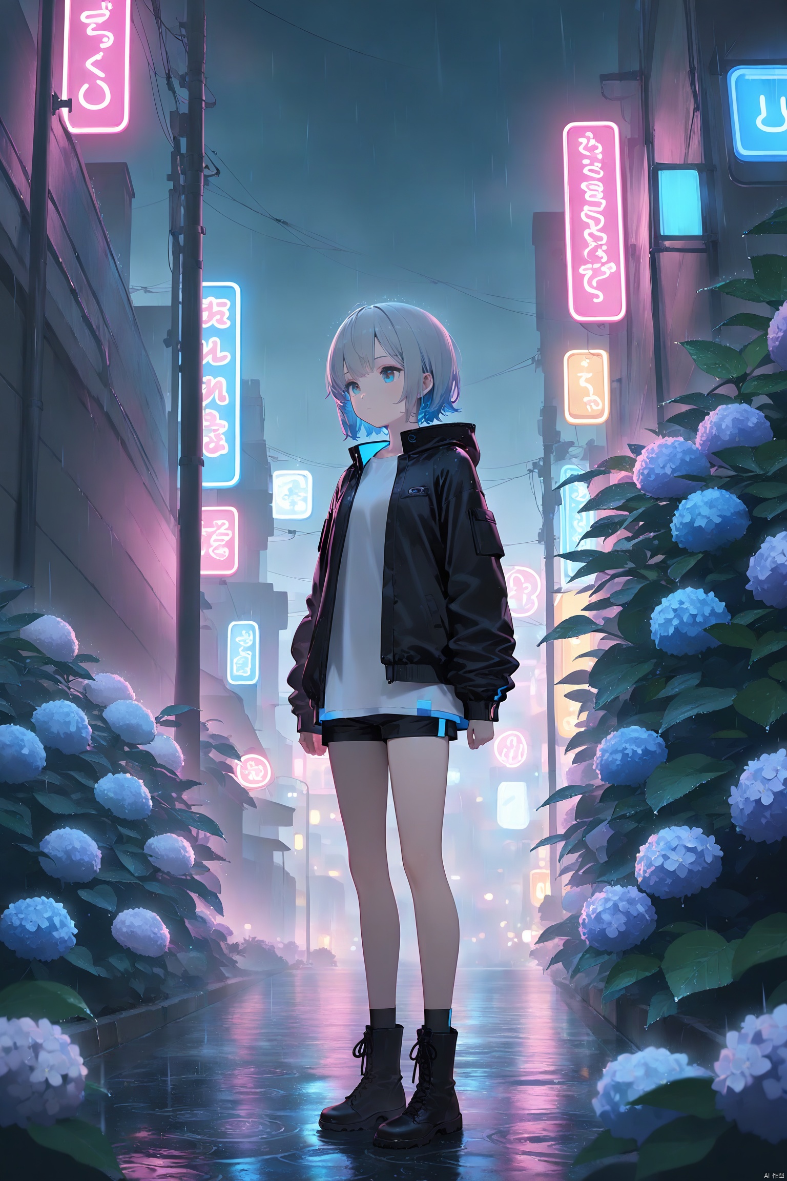1girl, solo, flower, jacket, short_hair, black_jacket, neon_lights, standing, outdoors, black_footwear, blue_hair, hydrangea, long_sleeves, closed_mouth, boots, rain, shorts, shirt, grey_hair, white_flower, black_shorts,