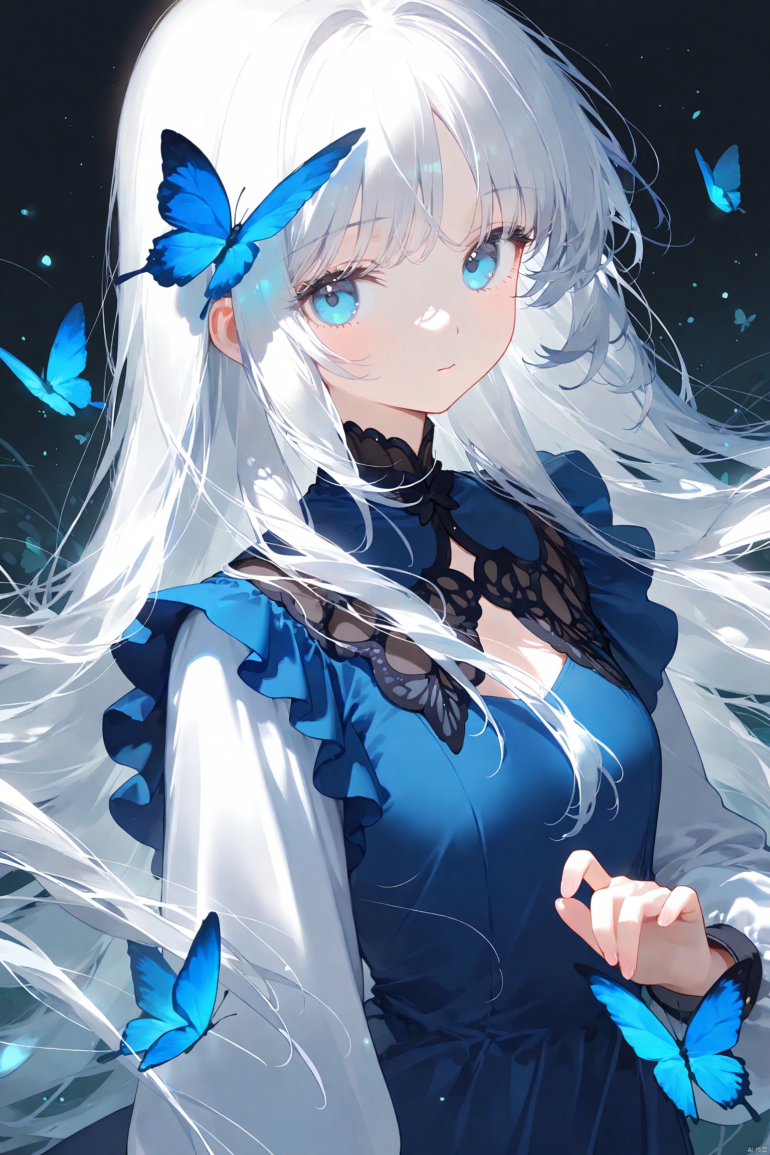 1girl, solo, long hair, looking at viewer, bangs, blue eyes, long sleeves, dress, closed mouth, upper body, white hair, blue dress, bug, butterfly, blue butterfly