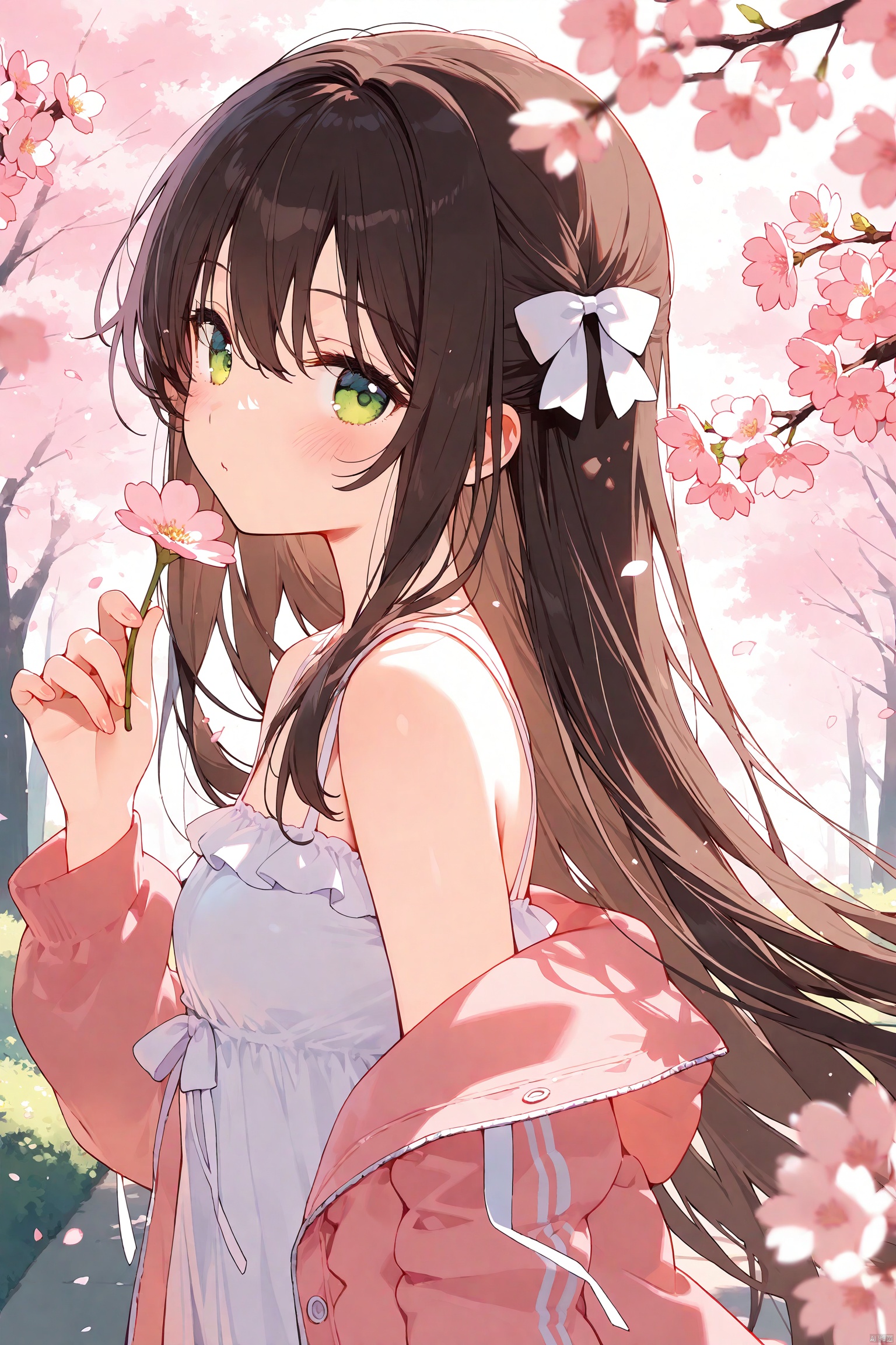 1girl, solo, long hair, looking at viewer, blush, bangs, brown hair, long sleeves, dress, bow, ribbon, holding, hair between eyes, bare shoulders, very long hair, green eyes, jacket, upper body, flower, hair bow, outdoors, open clothes, hand up, off shoulder, white dress, blurry, from side, open jacket, depth of field, white bow, cherry blossoms, blurry foreground, branch, holding flower, pink jacket