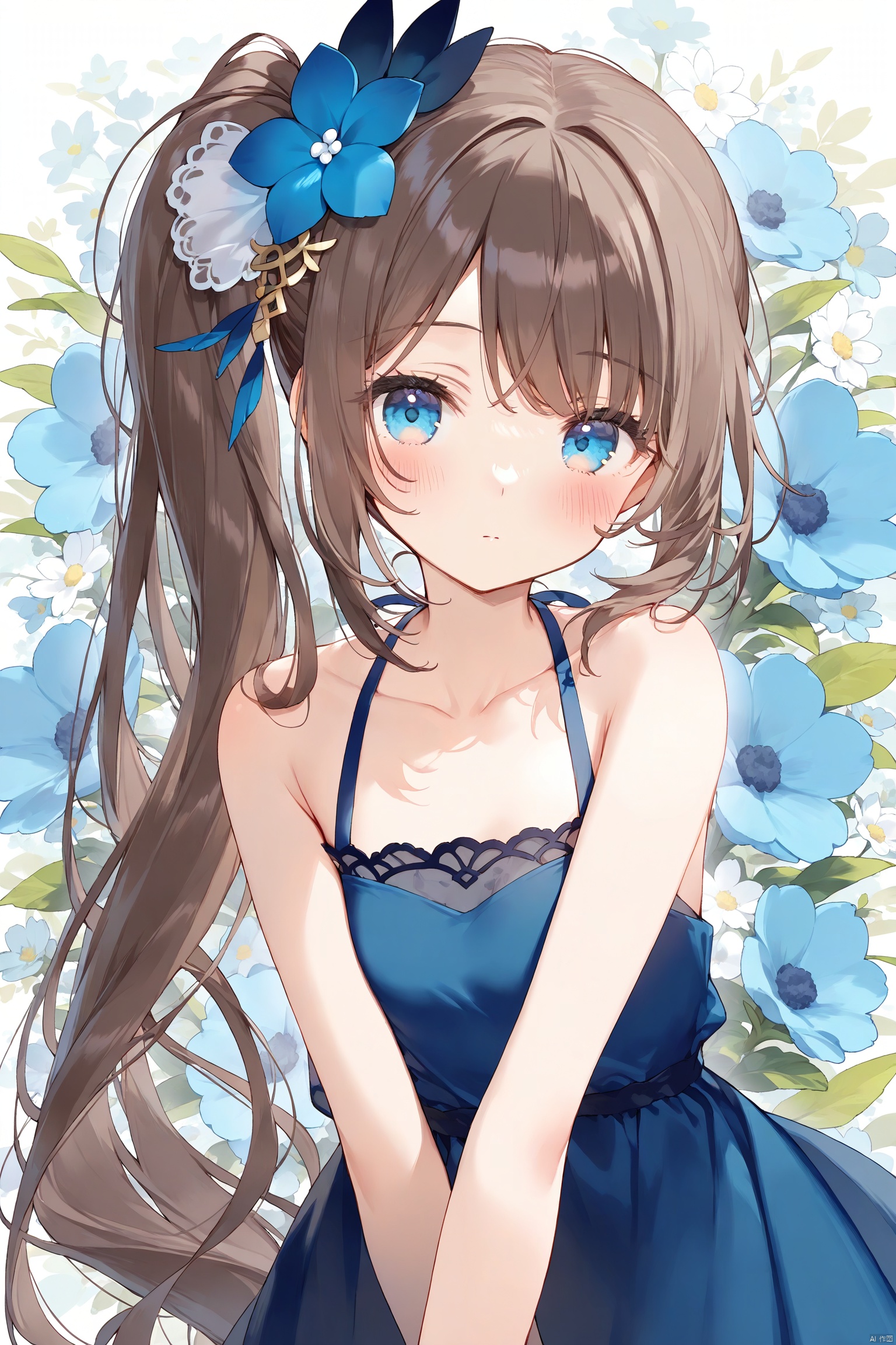 1girl, solo, long hair, looking at viewer, blush, bangs, blue eyes, brown hair, hair ornament, dress, bare shoulders, very long hair, closed mouth, collarbone, upper body, flower, sleeveless, side ponytail, bare arms, sleeveless dress, blue dress, blue flower, floral background