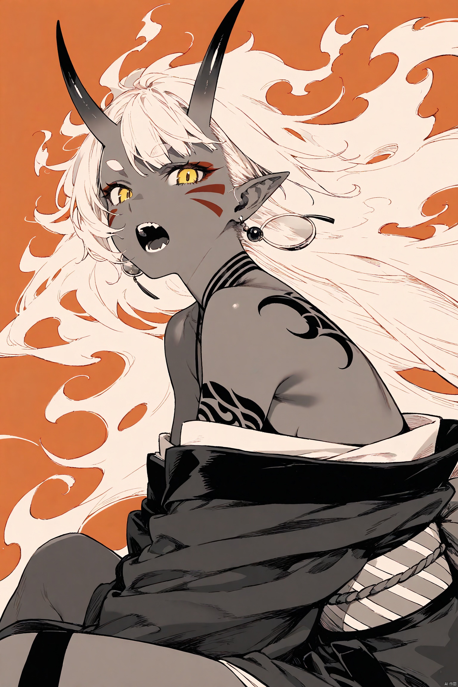 1girl, solo, long hair, looking at viewer, open mouth, simple background, bare shoulders, sitting, monochrome, yellow eyes, earrings, japanese clothes, horns, teeth, pointy ears, kimono, from side, tattoo, facial mark, oni horns, oni, orange background, fiery hair,