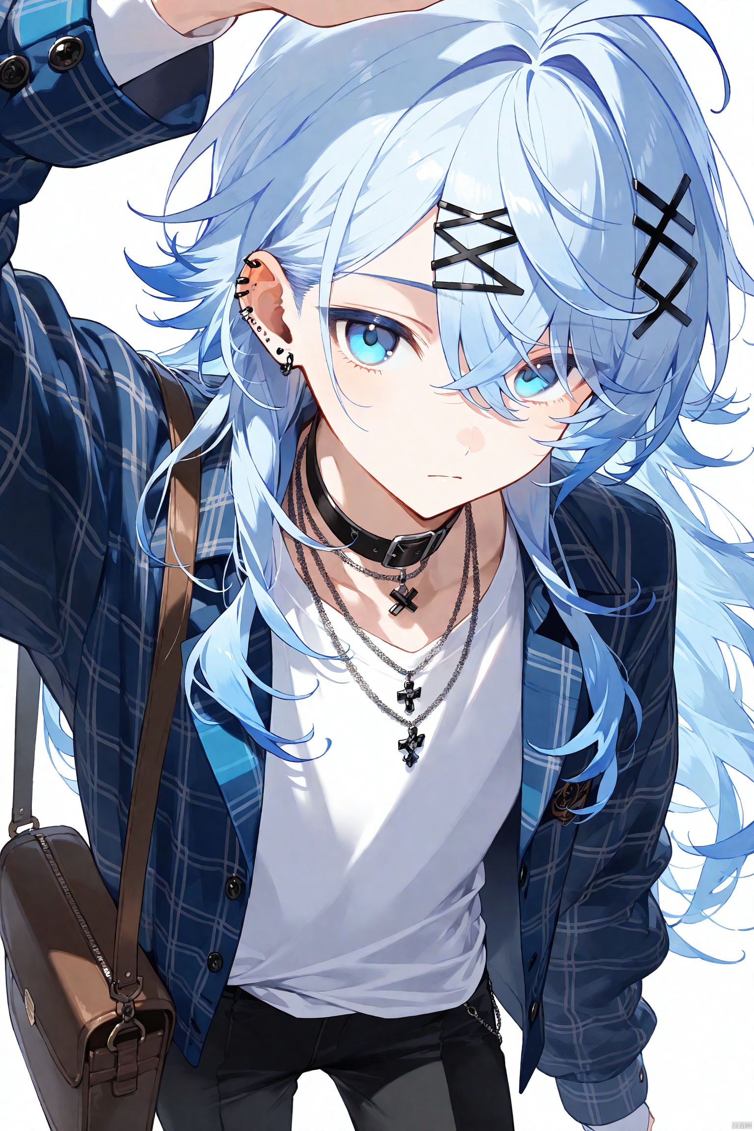 solo, long hair, looking at viewer, blue eyes, simple background, shirt, hair ornament, long sleeves, 1boy, white background, hair between eyes, jewelry, closed mouth, blue hair, jacket, white shirt, ahoge, male focus, earrings, open clothes, choker, hairclip, pants, necklace, bag, collar, plaid, expressionless, piercing, x hair ornament, ear piercing, androgynous, light blue hair, plaid shirt, plaid jacket