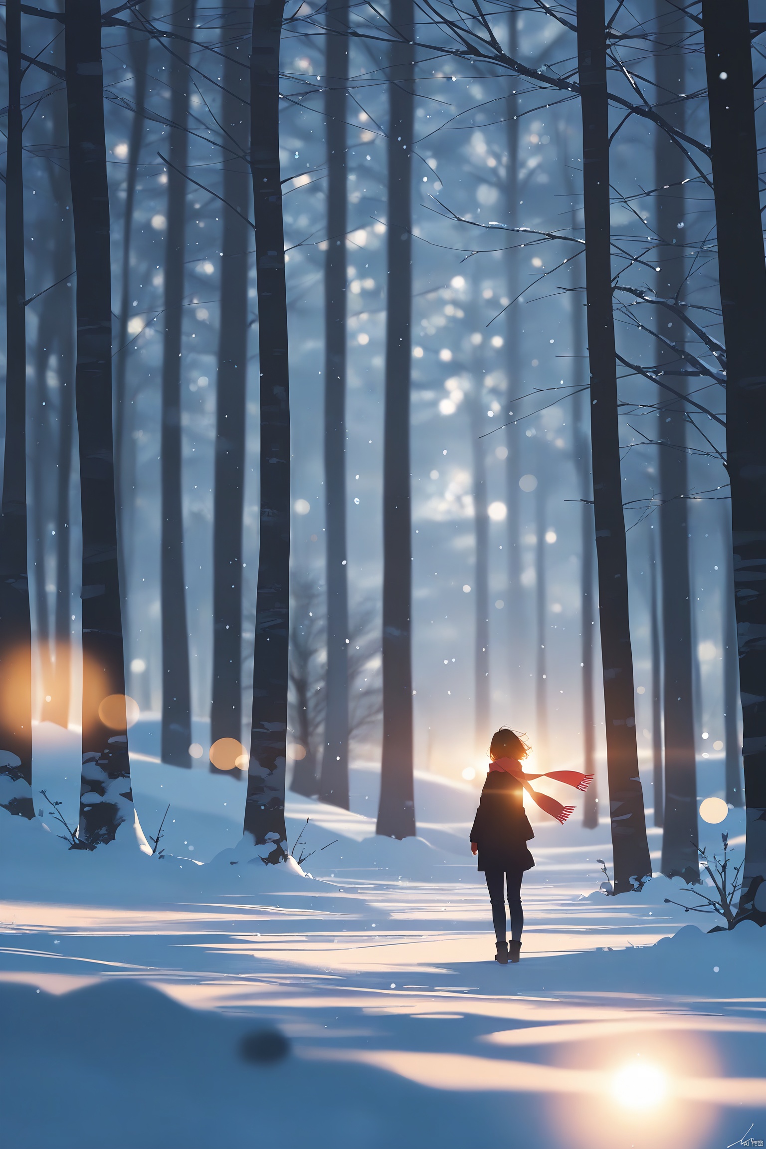 1girl, solo, scarf, snow, blurry, tree, depth_of_field, outdoors, winter, short_hair, signature, snowing, nature, wind, scenery, backlighting, bokeh, sunlight, silhouette, bare_tree, blurry_background, forest, from_behind