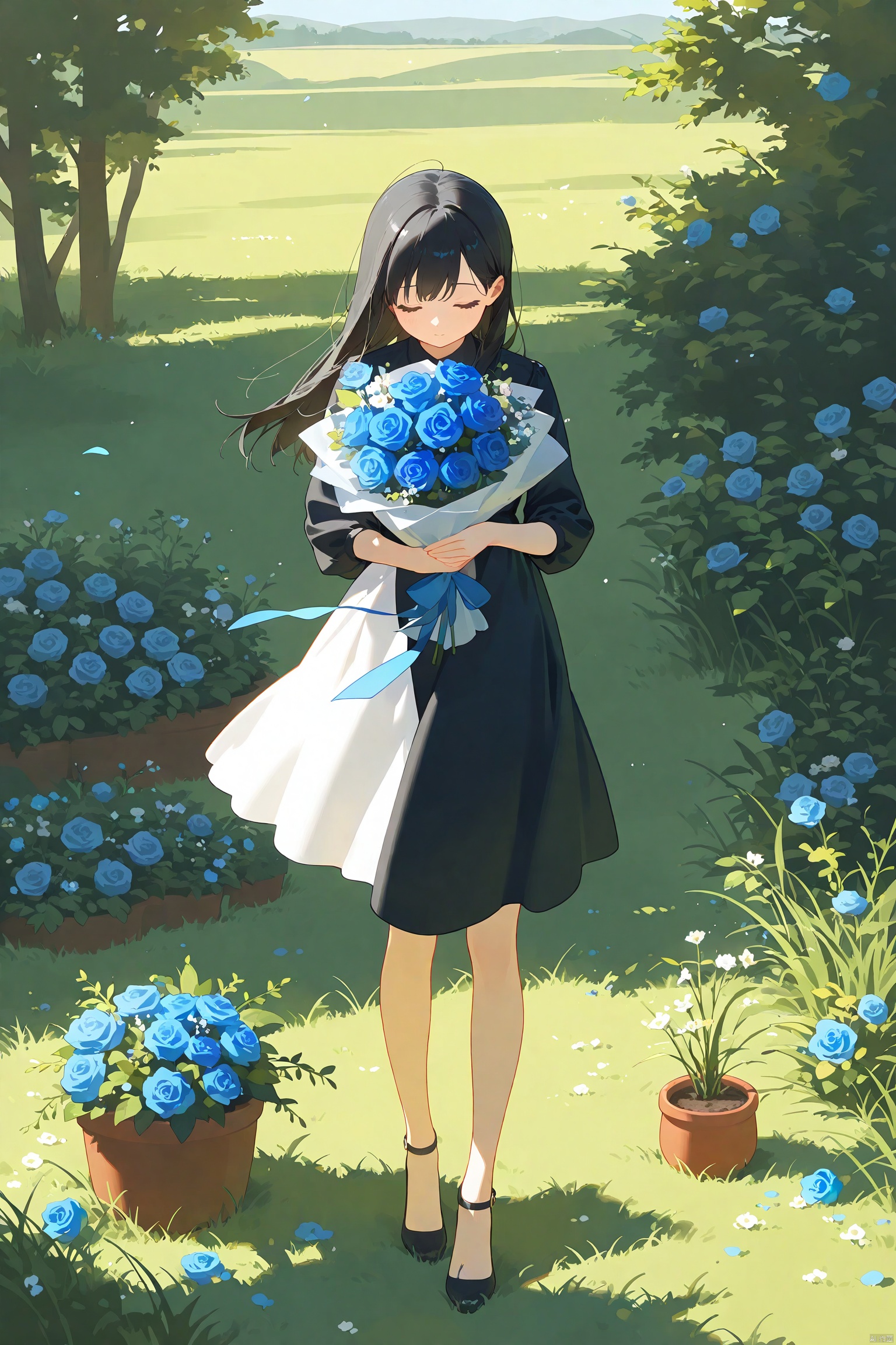 1girl, black_hair, blue_flower, blue_rose, bouquet, closed_eyes, dress, flower, flower_pot, full_body, grass, holding, holding_bouquet, holding_flower,
