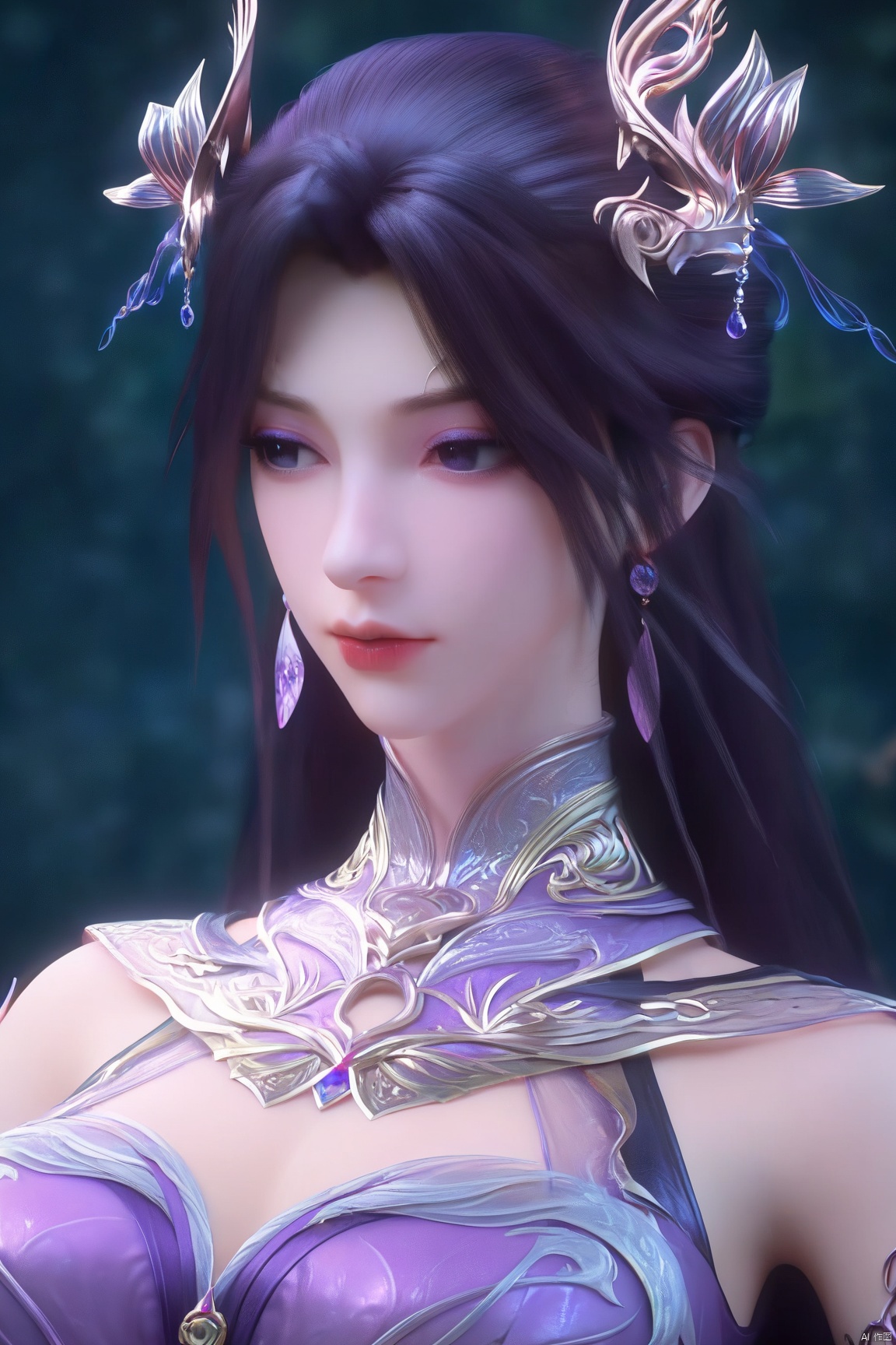 score_9_up,score_8_up,score_7_up,(Masterpiece, Best Quality, High Resolution, 8K Raw),
1girl, solo, long hair, breasts, hair ornament, dress, bare shoulders, jewelry, upper body, earrings, looking to the side, clothing cutout, expressionless, purple dress, 
pale skin,translucent,realistic,white skin,high detailed  skin,(detailed skin:1.1),highly detailed,ultra-high resolution,32K UHD,sharp focus,best-quality,masterpiece,unconventional supreme masterpiece,masterful details,temperate atmosphere,with a high-end texture,in the style of fashion photography,Dynamic Angle,(Dynamic posture:1.1),OverallDetailXL,zPDXL3,GX_style