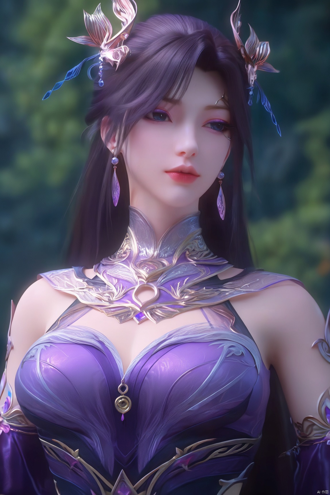score_9_up,score_8_up,score_7_up,(Masterpiece, Best Quality, High Resolution, 8K Raw),
1girl, solo, long hair, breasts, hair ornament, dress, bare shoulders, jewelry, upper body, earrings, looking to the side, clothing cutout, expressionless, purple dress, 
pale skin,translucent,realistic,white skin,high detailed  skin,(detailed skin:1.1),highly detailed,ultra-high resolution,32K UHD,sharp focus,best-quality,masterpiece,unconventional supreme masterpiece,masterful details,temperate atmosphere,with a high-end texture,in the style of fashion photography,Dynamic Angle,(Dynamic posture:1.1),OverallDetailXL,zPDXL3,GX_style