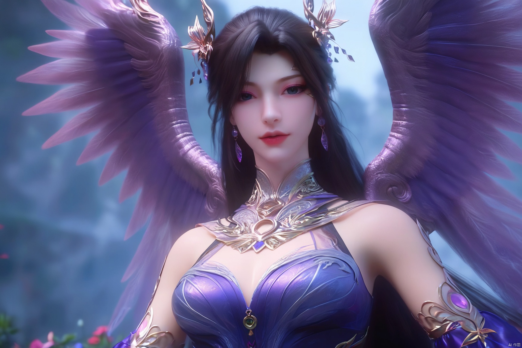 score_9_up,score_8_up,score_7_up,(Masterpiece, Best Quality, High Resolution, 8K Raw),
1girl, solo, brown hair, black hair, hair ornament, dress, bare shoulders, flower, detached sleeves, wings, angel wings,, looking at viewer, 
pale skin,translucent,realistic,white skin,high detailed  skin,(detailed skin:1.1),highly detailed,ultra-high resolution,32K UHD,sharp focus,best-quality,masterpiece,unconventional supreme masterpiece,masterful details,temperate atmosphere,with a high-end texture,in the style of fashion photography,Dynamic Angle,(Dynamic posture:1.1),OverallDetailXL,zPDXL3,GX_style
