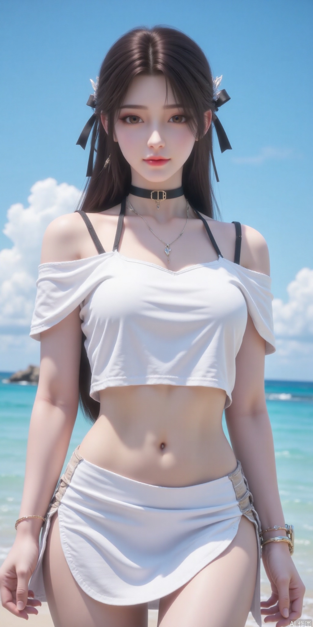 full_body,(good structure), dslr quality,short skirt,blue sky, white clouds, ocean, nai3, 1girl, solo, crop top, , choker, navel, shirt, midriff, crop top overhang, looking at viewer, white shirt, jewelry, breasts, bare shoulders, off-shoulder shirt, off shoulder, black choker, thighs, stomach, long hair, bracelet, short sleeves, ribbon, hand up, collarbone, hair ribbon, medium breasts, , bra strap, , hair ornament, thigh gap, necklace, expressionless, , ,kind smile, , , ,