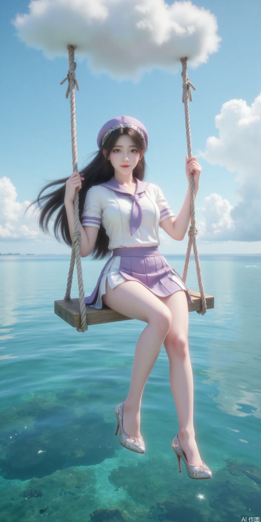 真人肌肤纹理, 4K画质,完美身材,long legs,big_breasts,navel,kind smile,Film texture, film and television, surrealism, a girl with a delicate face is sitting on a cloud swing. The girl is wearing a jk sailor uniform, a white short-sleeved shirt, light purple stripes trimming, a light purple tie, white purple pleated skirt, exquisite diamond-encrusted high heels, swing rope The sub is connected to a cloud in the sky, the background is a vast ocean, the water shows a consistent blue-green tone, the sky is also blue-green, blending with the ocean, perfect light and shadow, hyper-realistic photography, sharpening, artistic conception, Consciousness, large areas of blank space, sense of space, haziness, dreams, fog,