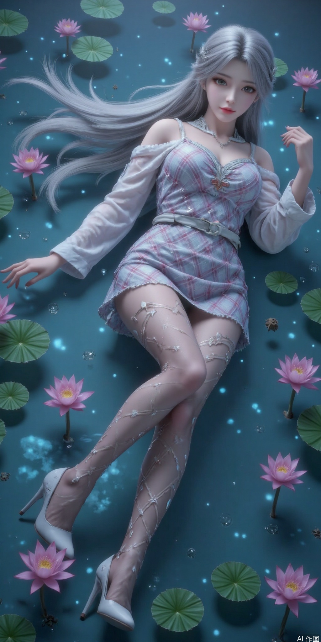 真人肌肤纹理, 4K画质,完美身材,1girl,looking_at_viewer,navel,, high_heel,, argyle legwear,star \(symbol\),super long legs, ,realistic,,pose for picture,Dynamic posture,

 with opal-like hair lying in a dreamlike lagoon, surrounded by floating lotus flowers and glowing water droplets, 
visually stunning, perfect quality, amazing background, masterful composition, highly detailed, intrecate details, amazing lighting,