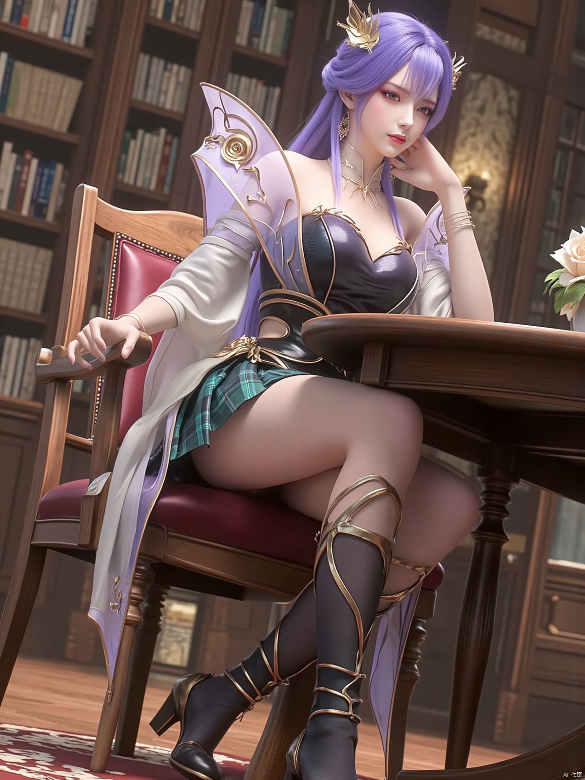 Realistic photo, 1 girl, purple hair ponytail, fair skin, big breasts, school uniform, plaid skirt, shiny pantyhose, long legs, high heels, whole body, large luxury library, sitting at a reading table,