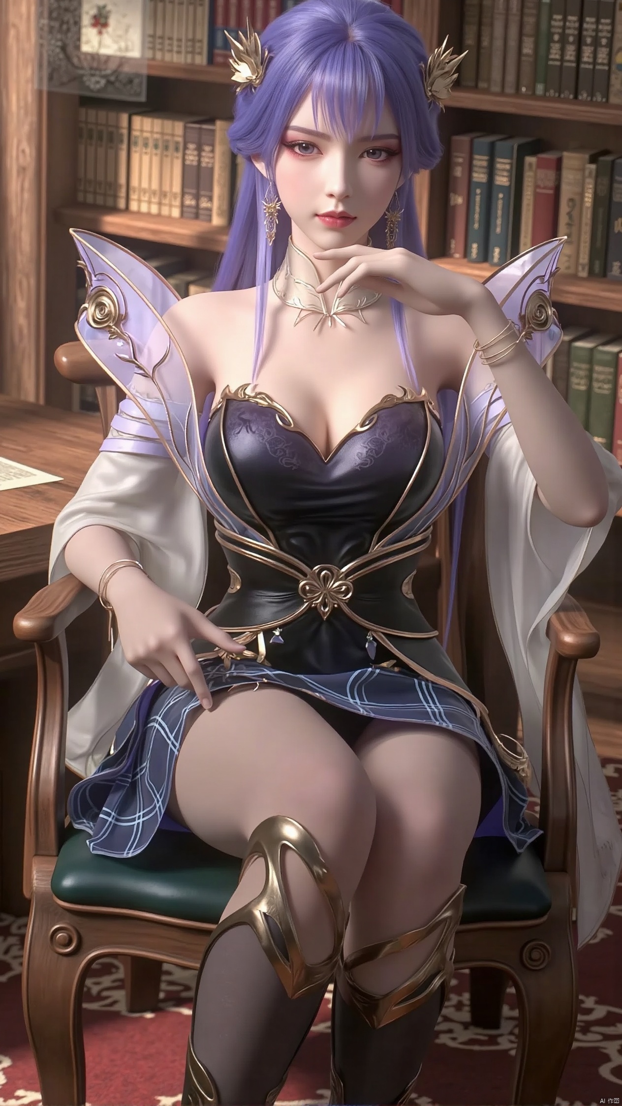 Realistic photo, 1 girl, purple hair ponytail, fair skin, big breasts, school uniform, plaid skirt, shiny pantyhose, long legs, high heels, whole body, large luxury library, sitting at a reading table,