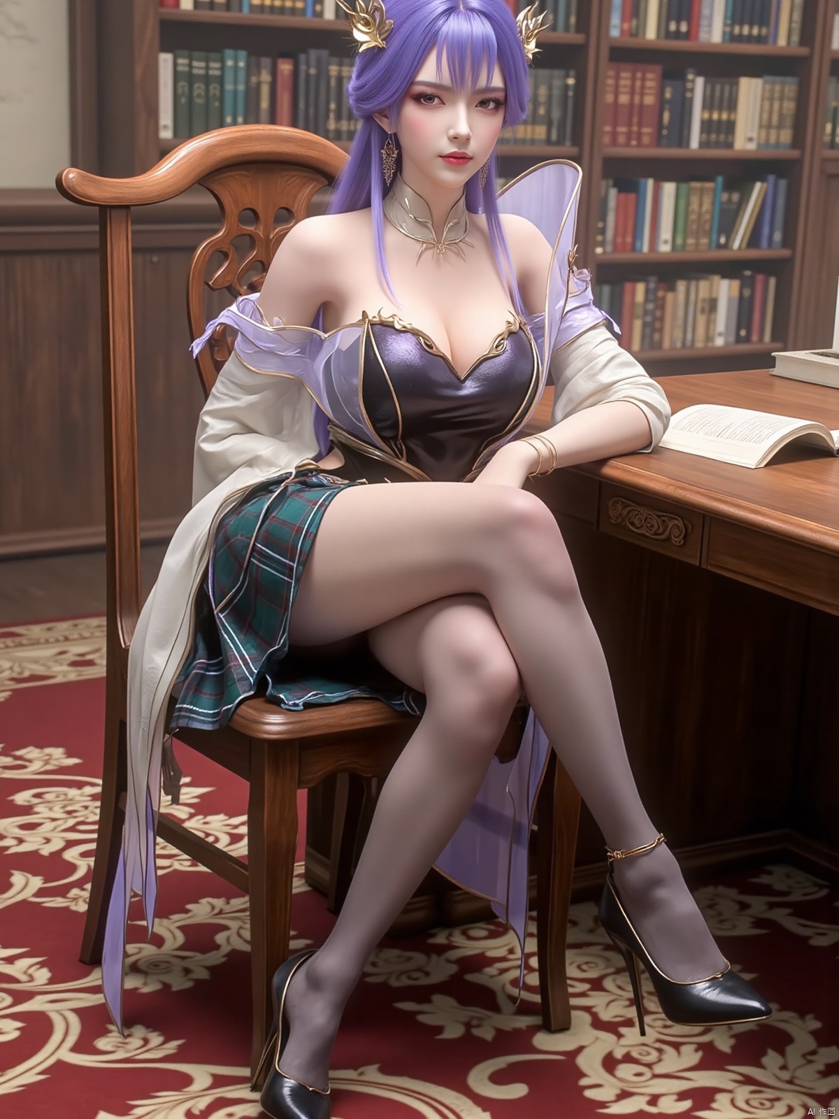 Realistic photo, 1 girl, purple hair ponytail, fair skin, big breasts, school uniform, plaid skirt, shiny pantyhose, long legs, high heels, whole body, large luxury library, sitting at a reading table,