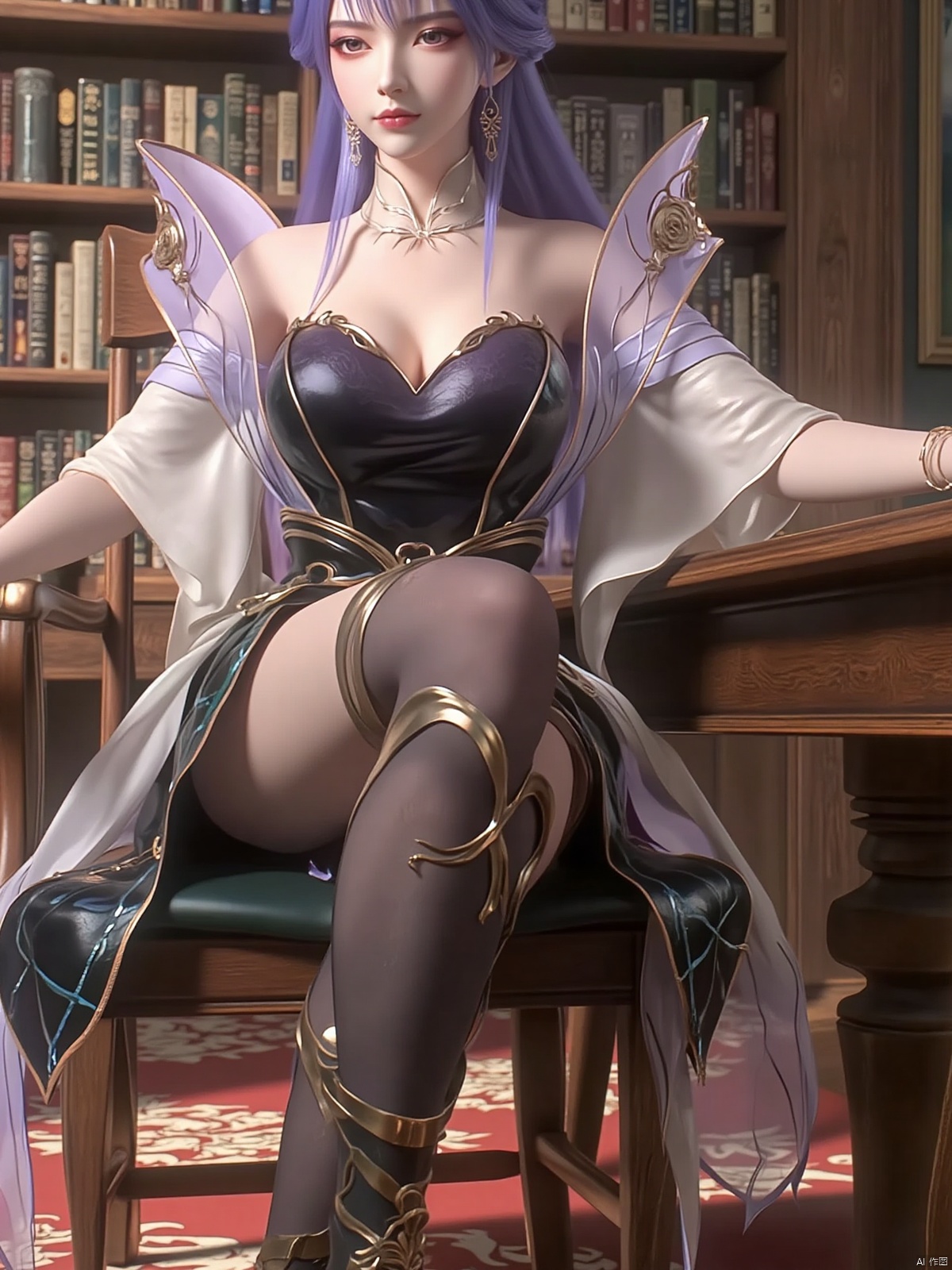 Realistic photo, 1 girl, purple hair ponytail, fair skin, big breasts, school uniform, plaid skirt, shiny pantyhose, long legs, high heels, whole body, large luxury library, sitting at a reading table,