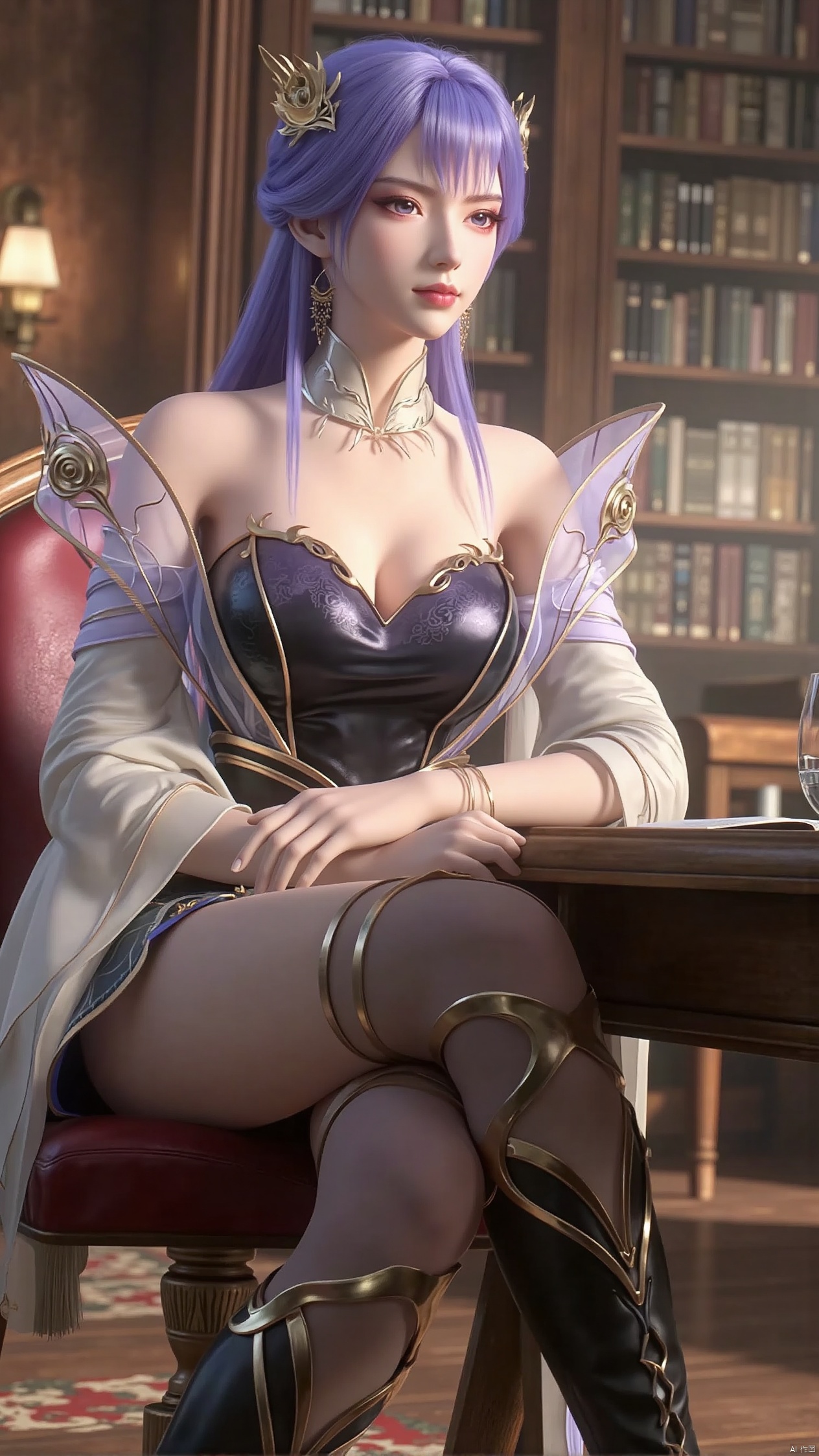 Realistic photo, 1 girl, purple hair ponytail, fair skin, big breasts, school uniform, plaid skirt, shiny pantyhose, long legs, high heels, whole body, large luxury library, sitting at a reading table,