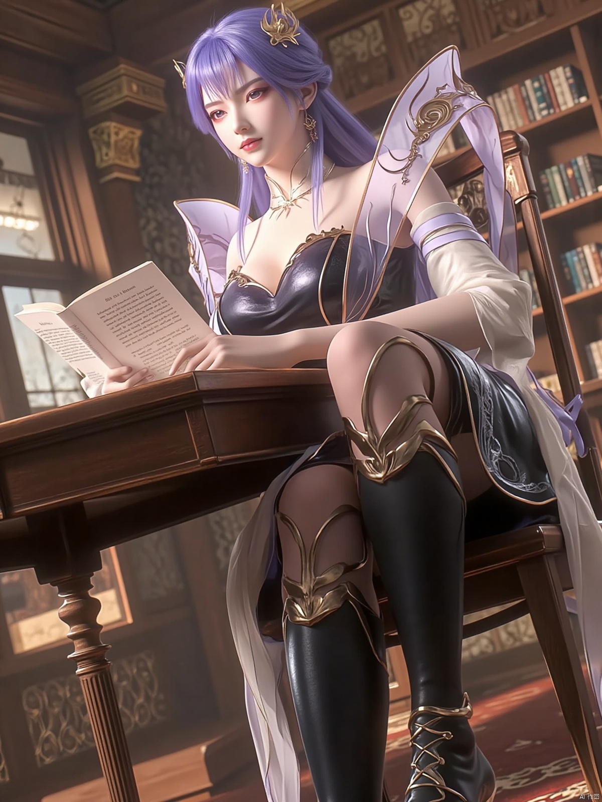 Realistic photo, 1 girl, purple hair ponytail, fair skin, big breasts, school uniform, plaid skirt, shiny pantyhose, long legs, high heels, whole body, large luxury library, sitting at a reading table,