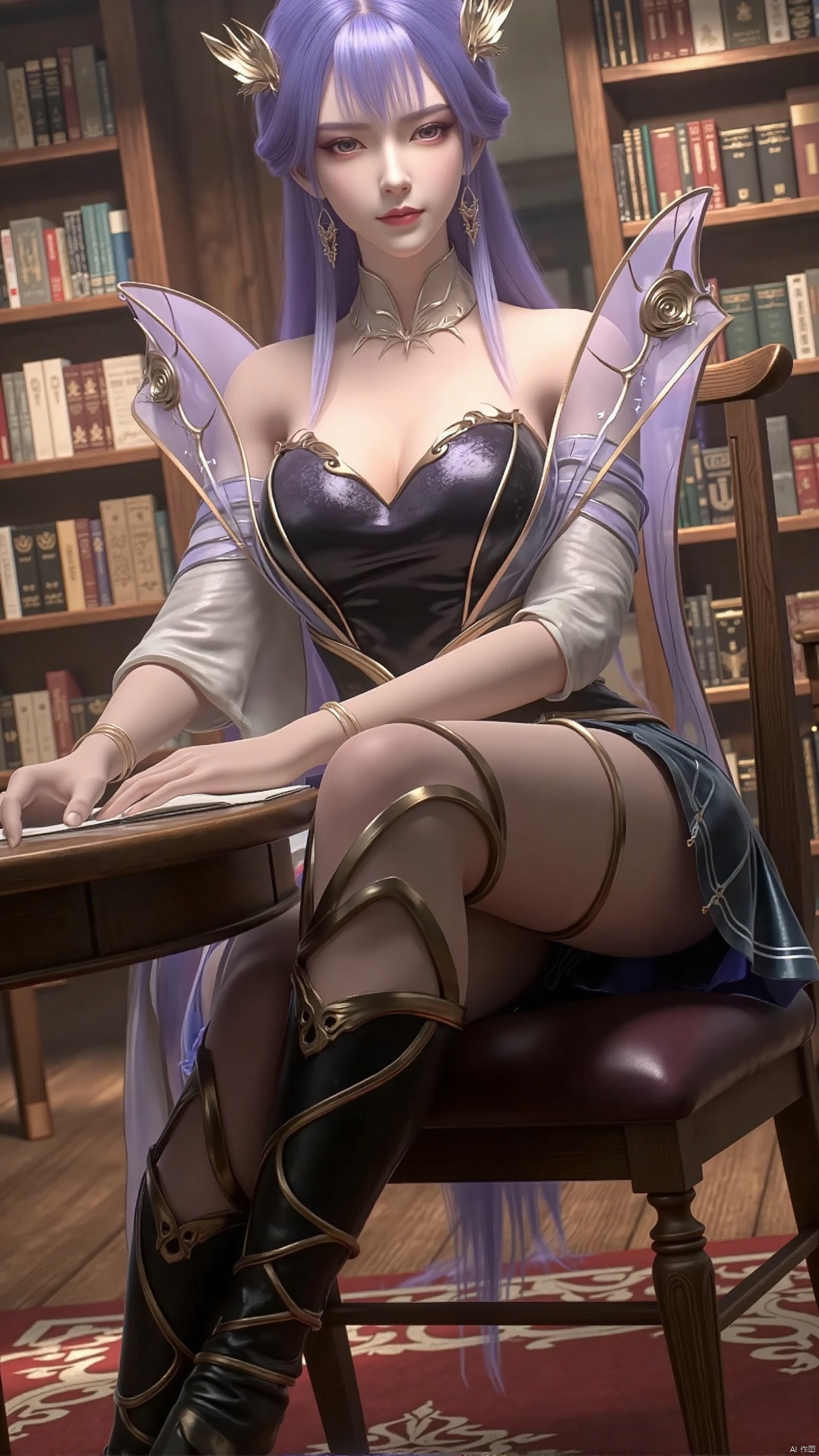 Realistic photo, 1 girl, purple hair ponytail, fair skin, big breasts, school uniform, plaid skirt, shiny pantyhose, long legs, high heels, whole body, large luxury library, sitting at a reading table,