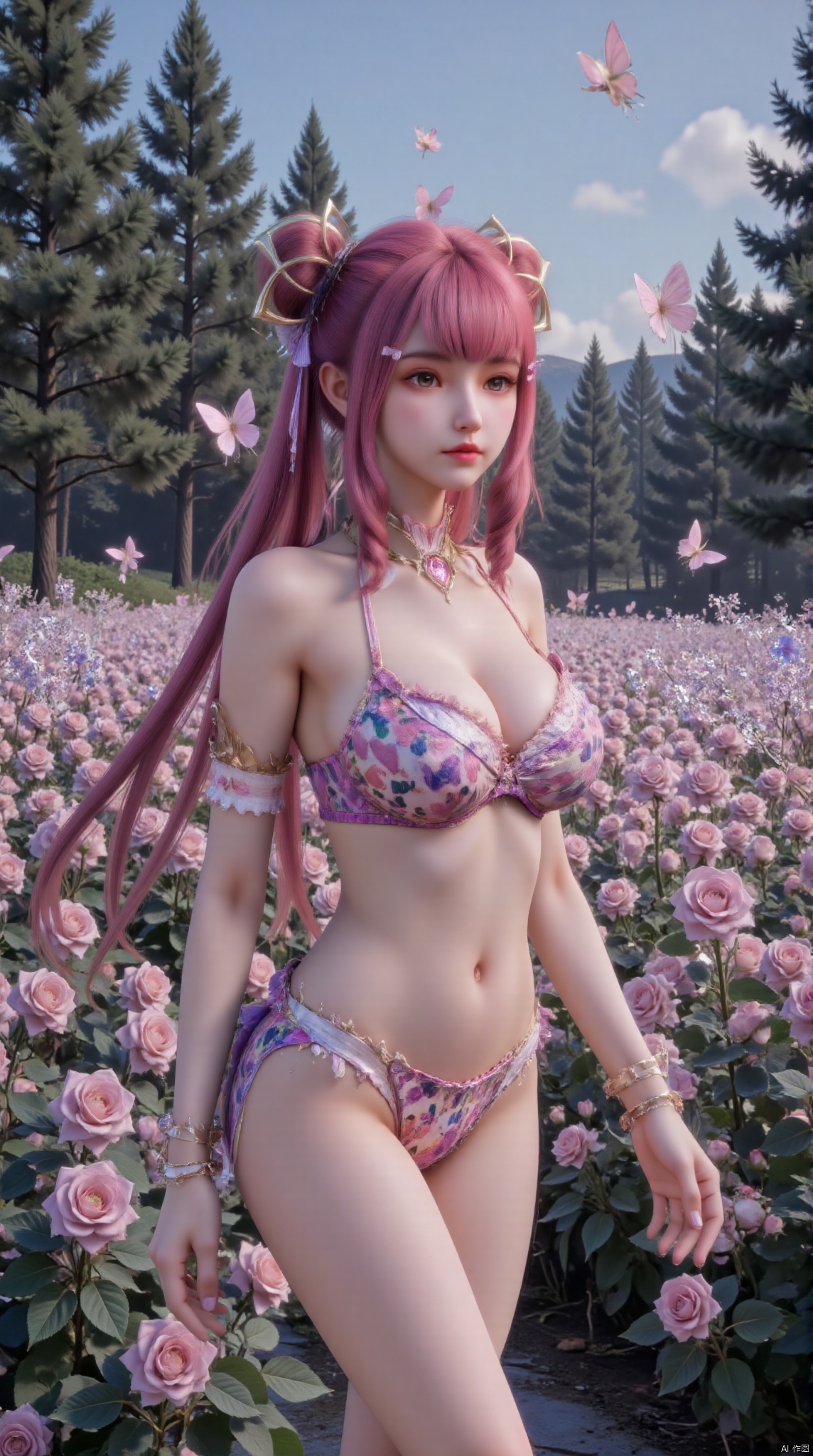 "A young woman stands in a sea of ​​summer flowers. She wears a leopard print bikini, leopard print bikini, bikini, bikini briefs, bikini swimsuit, leopard print. Her hair is pink, Straight hair. The background is a sea of ​​pink roses and trees. The wood is lush and green. The sky is bright blue, and the sun shines on the sea of ​​flowers, creating distinct shadows. The girl's posture is relaxed and natural. The overall style is fashionable, youthful and wintery. There are many small wild flowers and many pink butterflies floating in the air