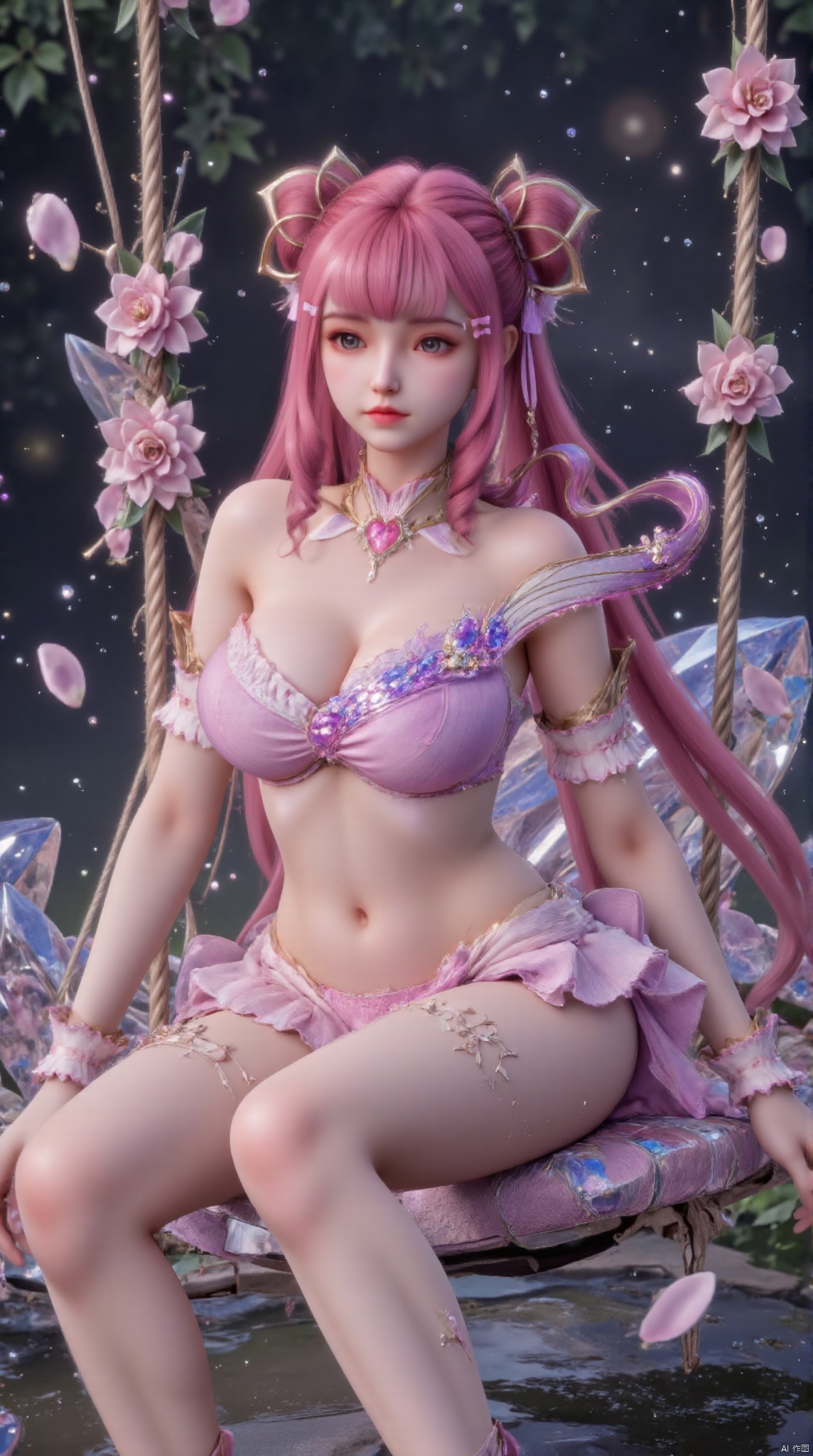 pink hair, long legs, plump body, long hair, very long hair, sitting pose, tulle train, bikini, bikini, bikini briefs, pink bikini, clear crystal swing, highest quality, exquisite CG, sitting On a swing with flowers and vines, water drops in the hair, beautiful goddess with shining stars Star, close-up, delicate face, delicate lips, delicate eyes, delicate nose, surrounded by pink butterflies, surrounded by sparkling water drops, crystal pink crystals, sparkling lake scene, falling rose petals, embellishment Wear sparkling diamond and pearl clothes, high heels, crystal hair accessories, butterfly hair accessories