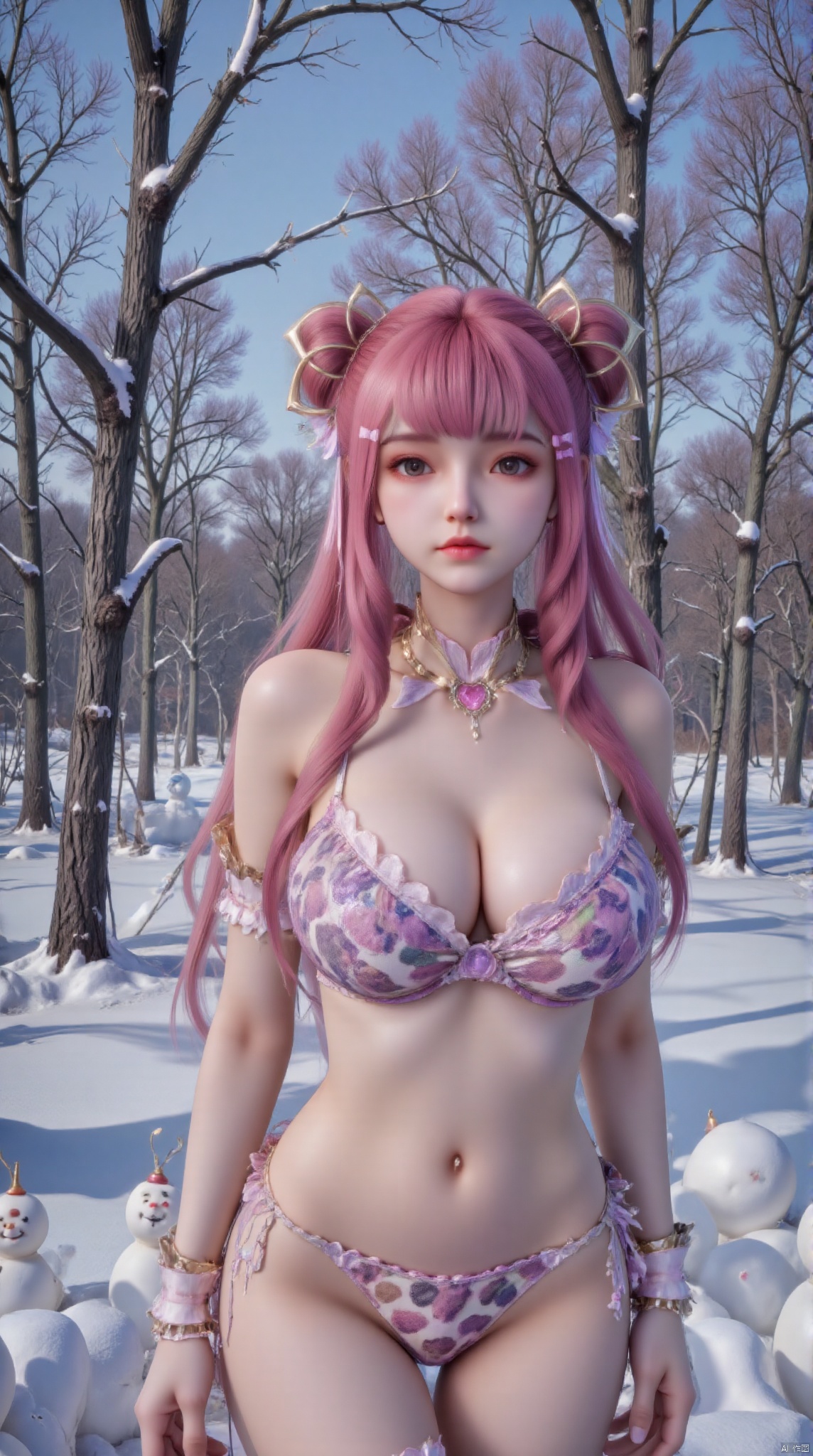 "A young woman stands in a snowy winter landscape wearing a leopard print bikini, leopard print bikini, bikini, bikini briefs, bikini swimsuit, leopard print. Her hair is pink and straight Hair, wearing a beige plush hat with a quilt in the background. The snow-covered woods have bare trees and branches covered with snow. The sky is bright blue, and the sun shines on the snow, creating sharp shadows. The overall style is fashionable and youthful. and a winter outdoor feel,” with lots of little snowmen on the ground.