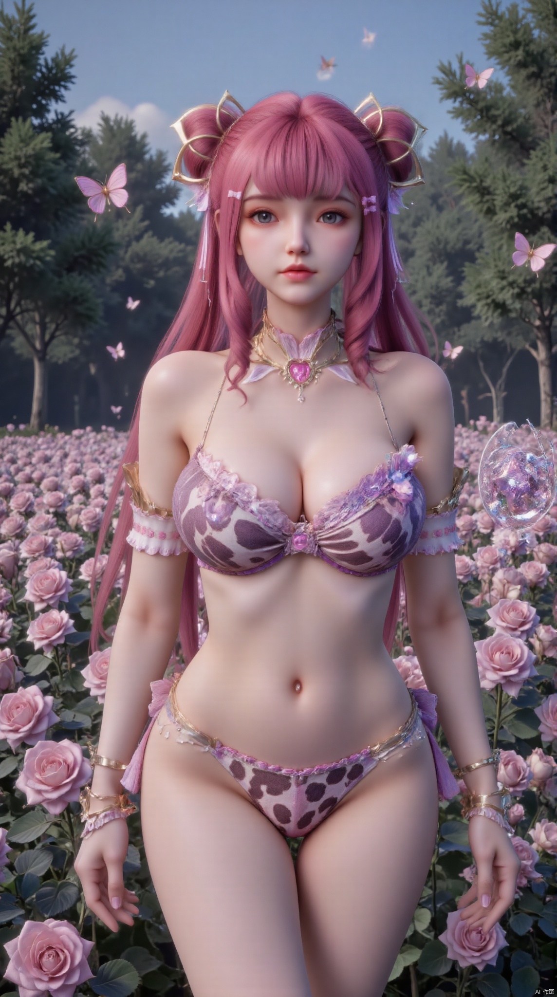 "A young woman stands in a sea of ​​summer flowers. She wears a leopard print bikini, leopard print bikini, bikini, bikini briefs, bikini swimsuit, leopard print. Her hair is pink, Straight hair. The background is a sea of ​​pink roses and trees. The wood is lush and green. The sky is bright blue, and the sun shines on the sea of ​​flowers, creating distinct shadows. The girl's posture is relaxed and natural. The overall style is fashionable, youthful and wintery. There are many small wild flowers and many pink butterflies floating in the air
