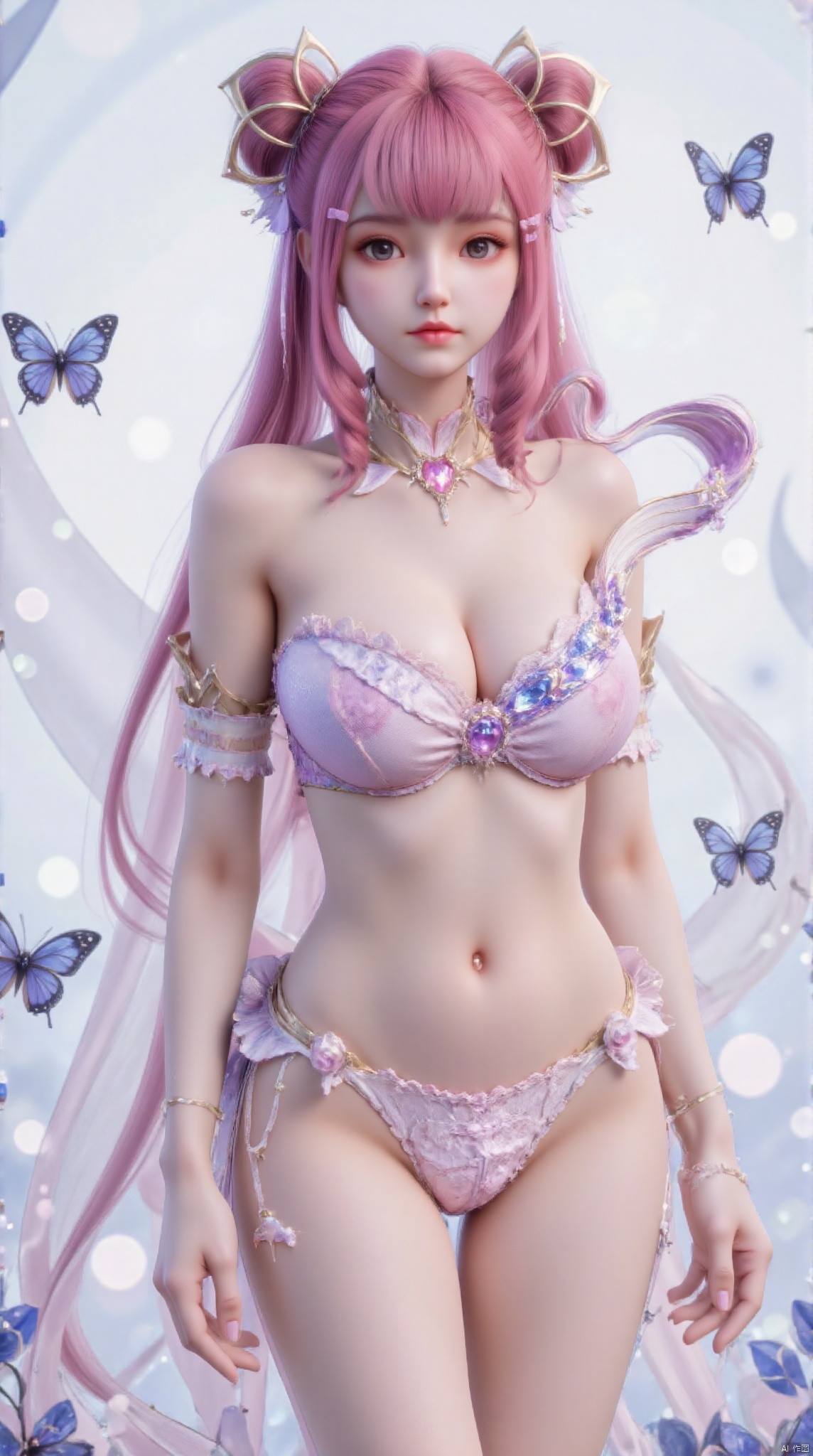 A young beauty with fair skin and delicate facial features. She has long bright hair, slightly curly, and naturally scattered on her shoulders. Her eyes are big and bright, her eyes are gentle and deep. She wore a bikini, a bikini top and bikini briefs embellished with blue butterfly patterns. These butterfly patterns come to life. The material of the bikini looks soft and smooth and glows slightly in the light. Her headpiece is a white tulle tiara embellished with blue beads and crystals that echo the butterfly pattern on her eyes and dress. The design of the crown is both elegant and mysterious, adding a touch of magic to her overall look. The background is pale white, creating a dreamy and peaceful atmosphere. There are also some blue light spots and butterflies scattered in the background. These elements echo the blue decoration on her body, creating a harmonious and unified visual effect. The overall style is beautiful and dreamy, with black, white and blue as the main colors, forming a sharp contrast and layering. This woman's posture is natural and elegant, like a princess in a fairy tale world. The whole body, long legs, very long legs, pink hair