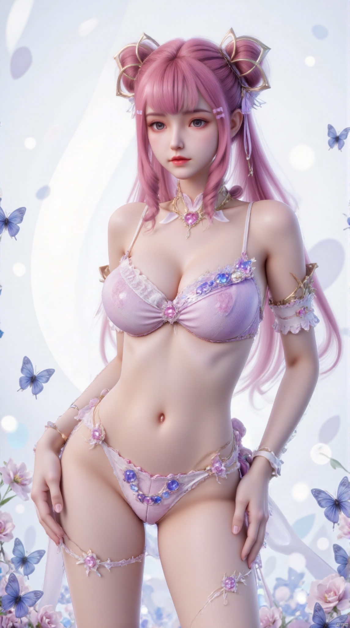 A young beauty with fair skin and delicate facial features. She has long bright hair, slightly curly, and naturally scattered on her shoulders. Her eyes are big and bright, her eyes are gentle and deep. She wore a bikini, a bikini top and bikini briefs embellished with blue butterfly patterns. These butterfly patterns come to life. The material of the bikini looks soft and smooth and glows slightly in the light. Her headpiece is a white tulle tiara embellished with blue beads and crystals that echo the butterfly pattern on her eyes and dress. The design of the crown is both elegant and mysterious, adding a touch of magic to her overall look. The background is pale white, creating a dreamy and peaceful atmosphere. There are also some blue light spots and butterflies scattered in the background. These elements echo the blue decoration on her body, creating a harmonious and unified visual effect. The overall style is beautiful and dreamy, with black, white and blue as the main colors, forming a sharp contrast and layering. This woman's posture is natural and elegant, like a princess in a fairy tale world. The whole body, long legs, very long legs, pink hair