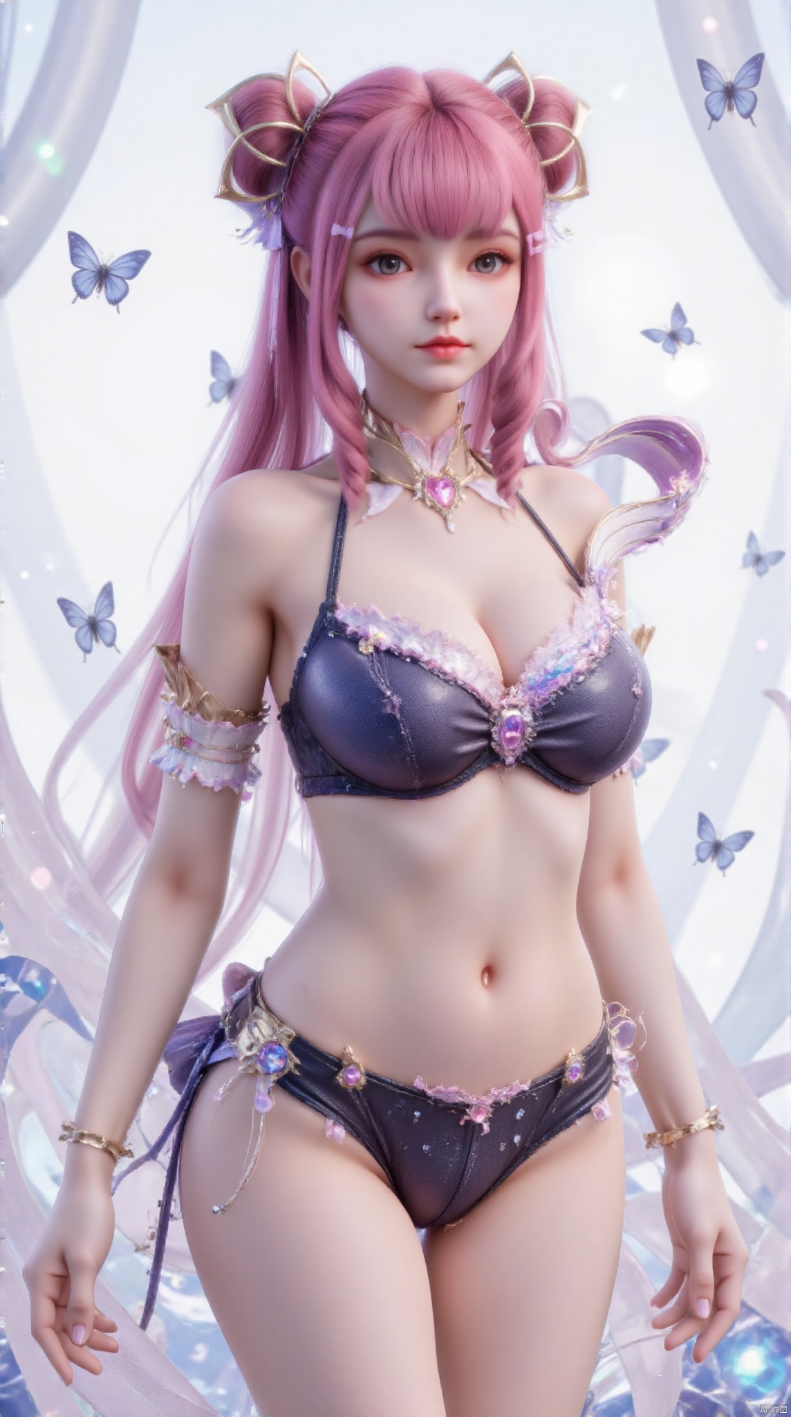 A young beauty with fair skin and delicate facial features. She has long bright hair, slightly curly, and naturally scattered on her shoulders. Her eyes are big and bright, her eyes are gentle and deep. She wore a bikini, a bikini top and bikini briefs embellished with blue butterfly patterns. These butterfly patterns come to life. The material of the bikini looks soft and smooth and glows slightly in the light. Her headpiece is a white tulle tiara embellished with blue beads and crystals that echo the butterfly pattern on her eyes and dress. The design of the crown is both elegant and mysterious, adding a touch of magic to her overall look. The background is pale white, creating a dreamy and peaceful atmosphere. There are also some blue light spots and butterflies scattered in the background. These elements echo the blue decoration on her body, creating a harmonious and unified visual effect. The overall style is beautiful and dreamy, with black, white and blue as the main colors, forming a sharp contrast and layering. This woman's posture is natural and elegant, like a princess in a fairy tale world. The whole body, long legs, very long legs, pink hair