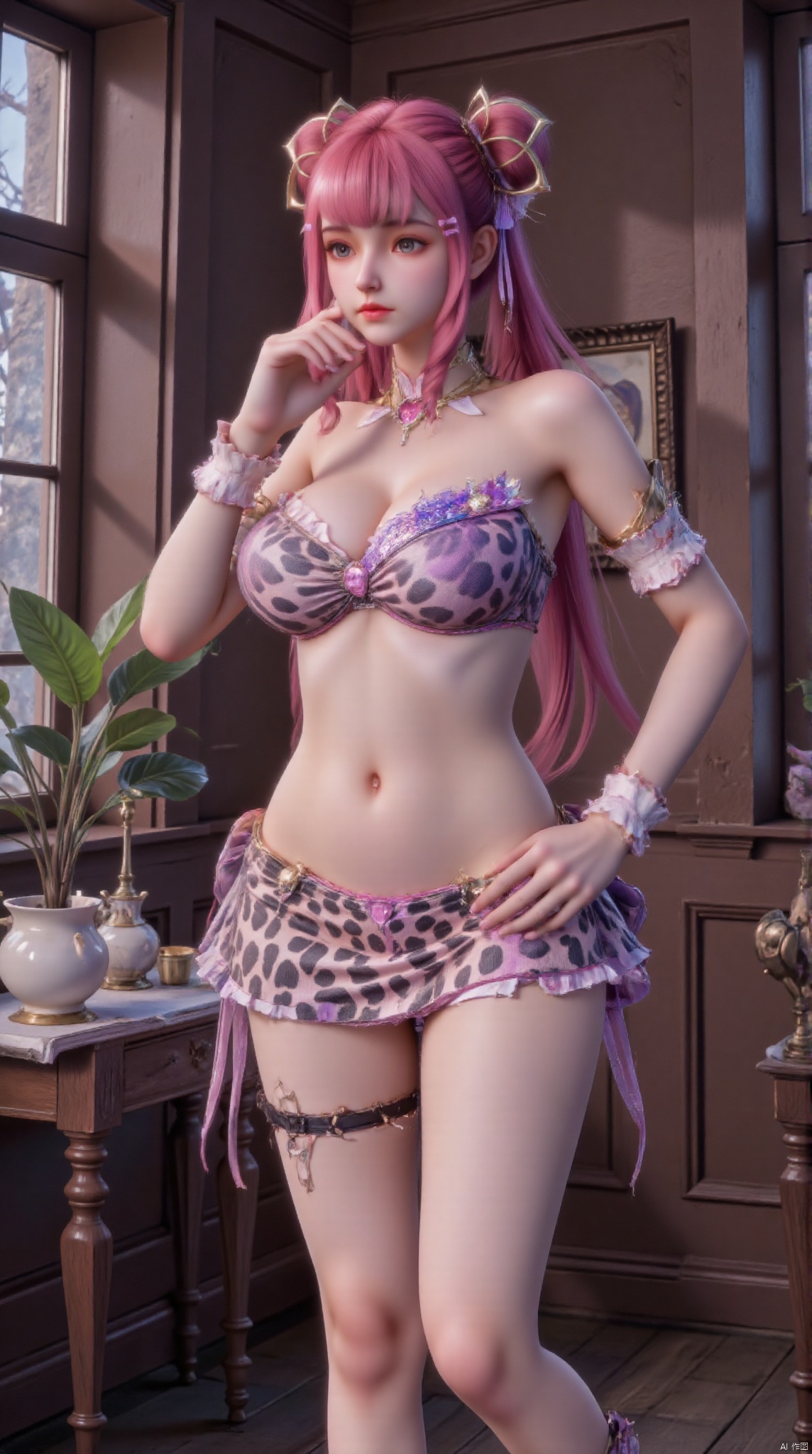 : Draw a pink-haired, long-haired woman wearing a leopard print swimsuit and leopard print skirt. One has long hair, is wearing a leopard print swimsuit, has very long legs, and wears a black leopard print leg ring on his leg, holding the hem of the top in one hand. She has a slightly shy expression which accentuates her character in the context of the room.,margay print,leopard print