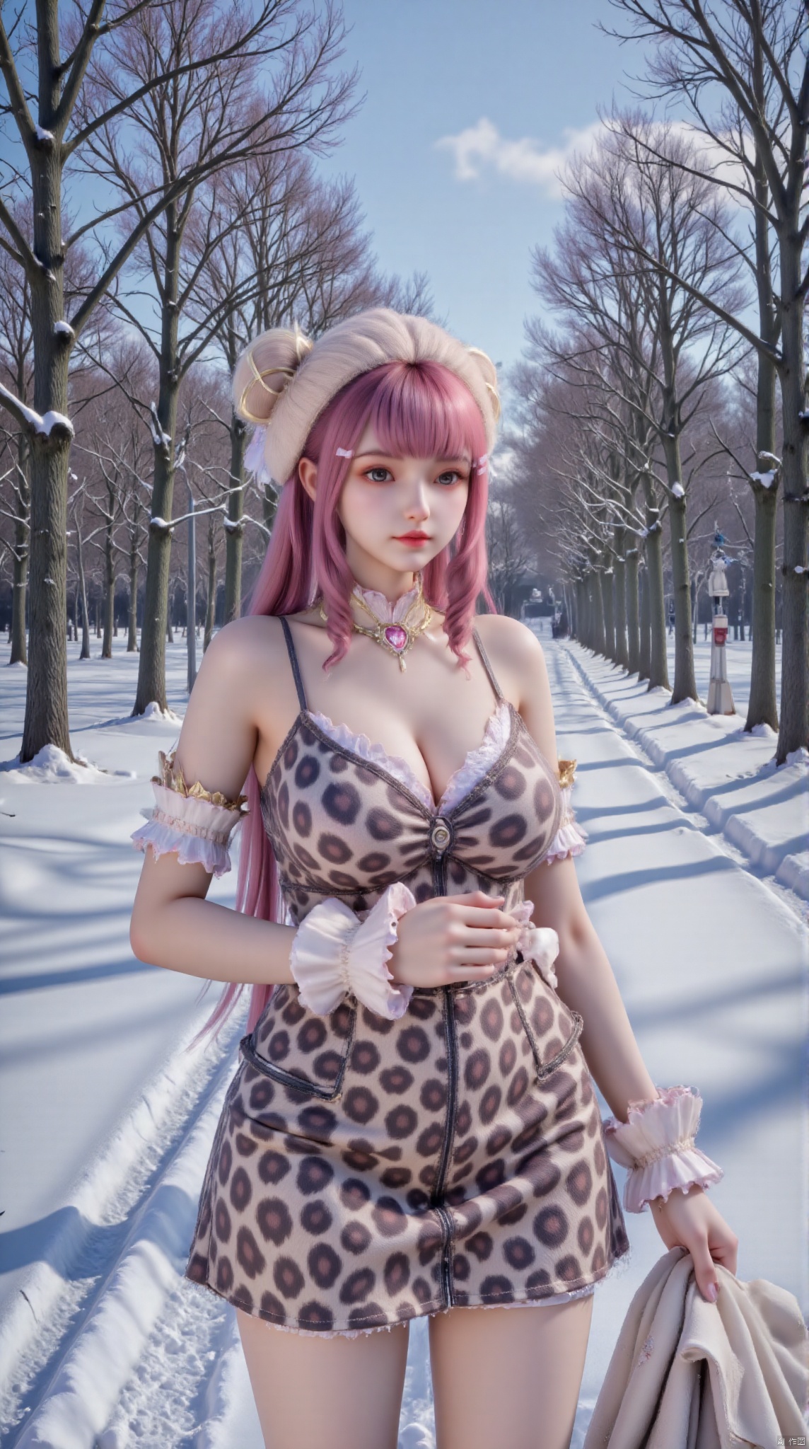 "A young woman stands in a snowy winter landscape wearing a leopard print plush vest and matching miniskirt. She has pink, straight hair and wears a beige plush hat. The background is A snow-covered forest with bare trees , the branches are covered with snow. The sky is bright blue, and the sun shines on the snow, creating sharp shadows. The girl's posture is relaxed and natural, holding a white coat in one hand. The overall style is fashionable. , youthfulness and the feeling of being outdoors in winter.”