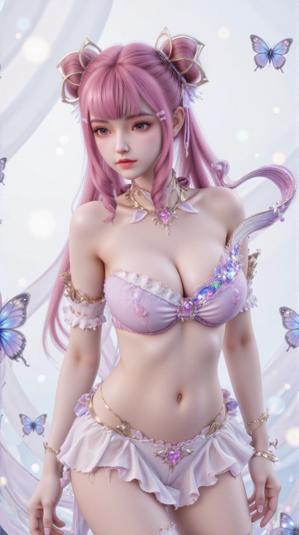 A young beauty with fair skin and delicate facial features. She has long bright hair, slightly curly, and naturally scattered on her shoulders. Her eyes are big and bright, her eyes are gentle and deep. She wore a bikini, a bikini top and bikini briefs embellished with blue butterfly patterns. These butterfly patterns come to life. The material of the bikini looks soft and smooth and glows slightly in the light. Her headpiece is a white tulle tiara embellished with blue beads and crystals that echo the butterfly pattern on her eyes and dress. The design of the crown is both elegant and mysterious, adding a touch of magic to her overall look. The background is pale white, creating a dreamy and peaceful atmosphere. There are also some blue light spots and butterflies scattered in the background. These elements echo the blue decoration on her body, creating a harmonious and unified visual effect. The overall style is beautiful and dreamy, with black, white and blue as the main colors, forming a sharp contrast and layering. This woman's posture is natural and elegant, like a princess in a fairy tale world. The whole body, long legs, very long legs, pink hair