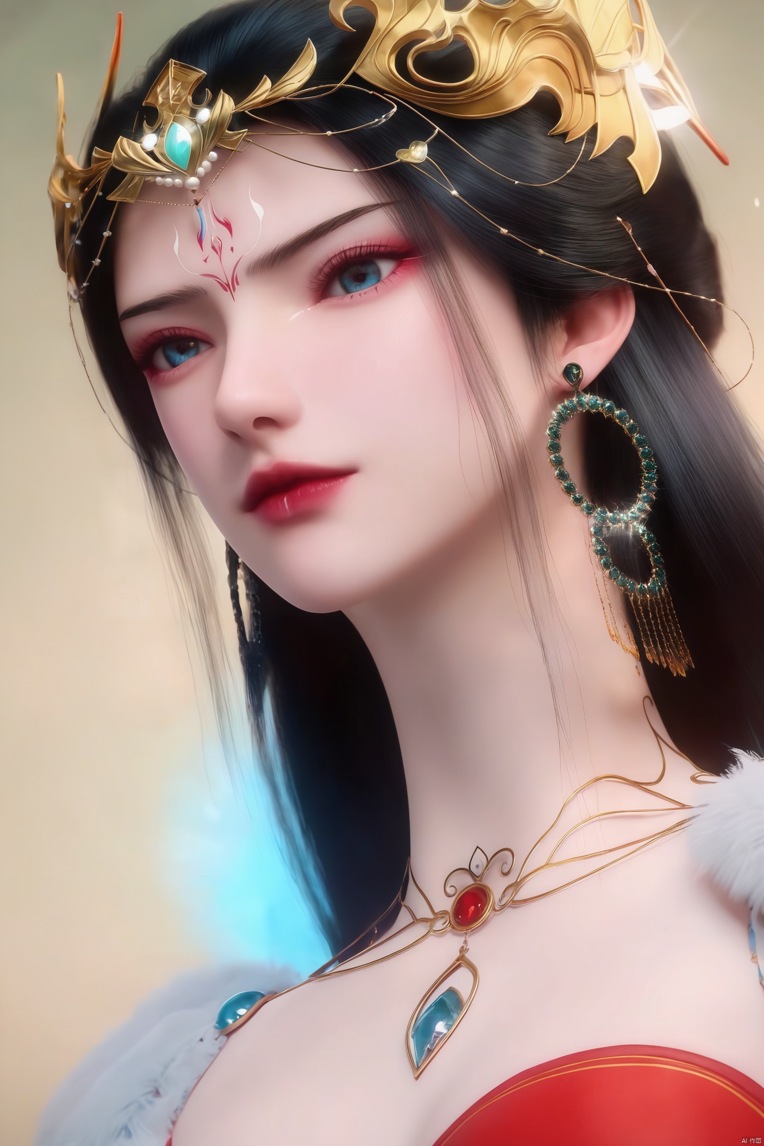 score_9_up,score_8_up,score_7_up,(Masterpiece, Best Quality, High Resolution, 8K Raw),
1girl, solo, long hair, looking at viewer, black hair, hair ornament, dress, jewelry, upper body, earrings, necklace, fur trim, facial mark, expressionless, red dress, forehead mark, 
pale skin,translucent,realistic,white skin,high detailed  skin,(detailed skin:1.1),highly detailed,ultra-high resolution,32K UHD,sharp focus,best-quality,masterpiece,unconventional supreme masterpiece,masterful details,temperate atmosphere,with a high-end texture,in the style of fashion photography,Dynamic Angle,(Dynamic posture:1.1),OverallDetailXL,zPDXL3,GX_style