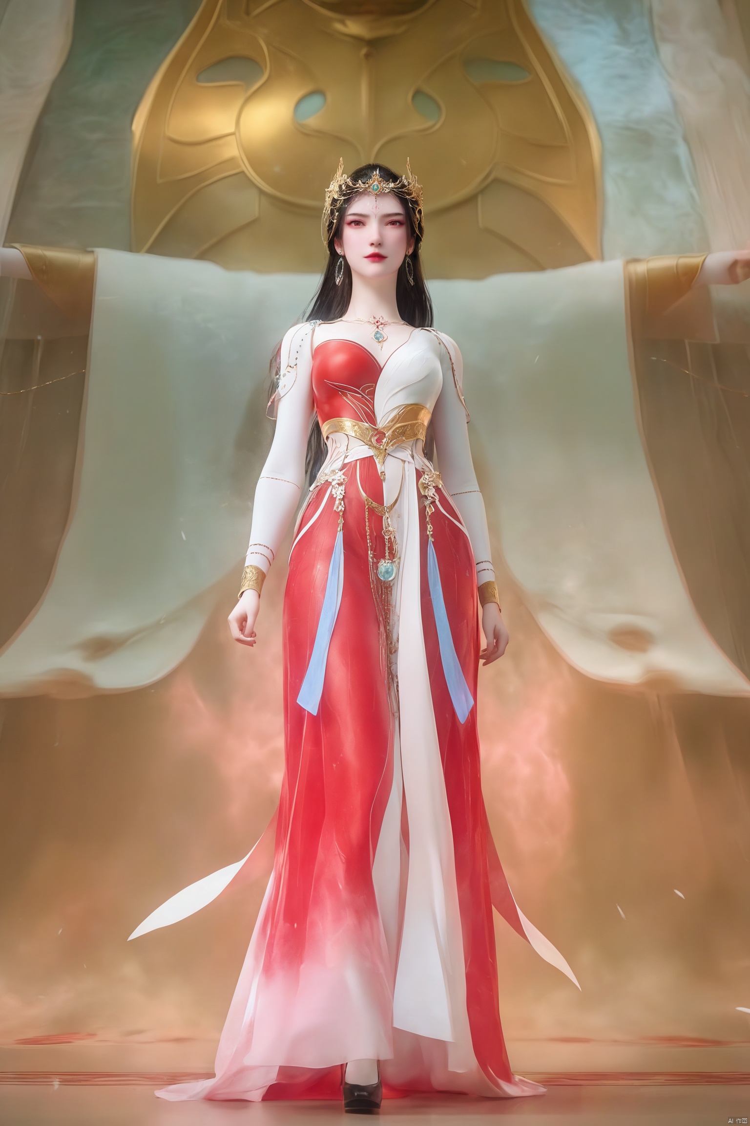 score_9_up,score_8_up,score_7_up,(Masterpiece, Best Quality, High Resolution, 8K Raw),
1girl, solo, long hair, brown hair, black hair, hair ornament, long sleeves, dress, jewelry, full body, sash, red dress, 
pale skin,translucent,realistic,white skin,high detailed  skin,(detailed skin:1.1),highly detailed,ultra-high resolution,32K UHD,sharp focus,best-quality,masterpiece,unconventional supreme masterpiece,masterful details,temperate atmosphere,with a high-end texture,in the style of fashion photography,Dynamic Angle,(Dynamic posture:1.1),OverallDetailXL,zPDXL3,GX_style