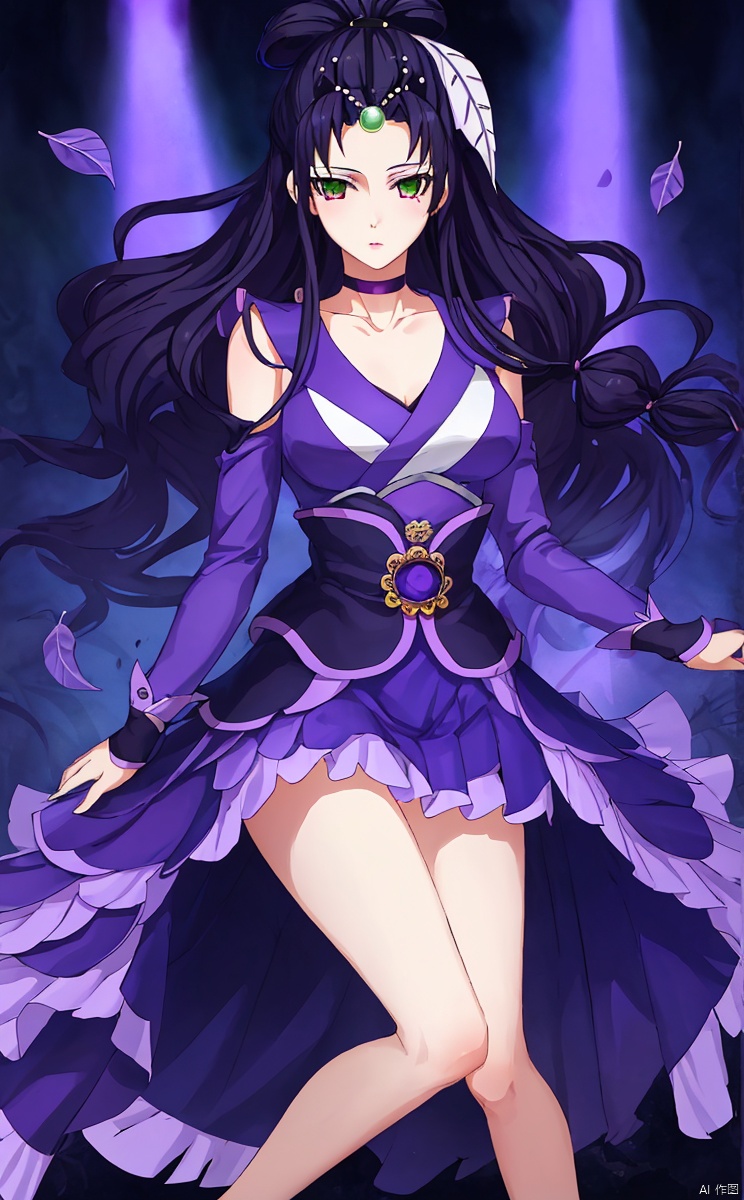 A green pearl collar on the forehead, two purple leaf hair accessories,
1girl, solo, long hair, breasts, looking at viewer, , skirt,  black hair, hair ornament,  choker,Whole body, legs, thighs, bare legs,