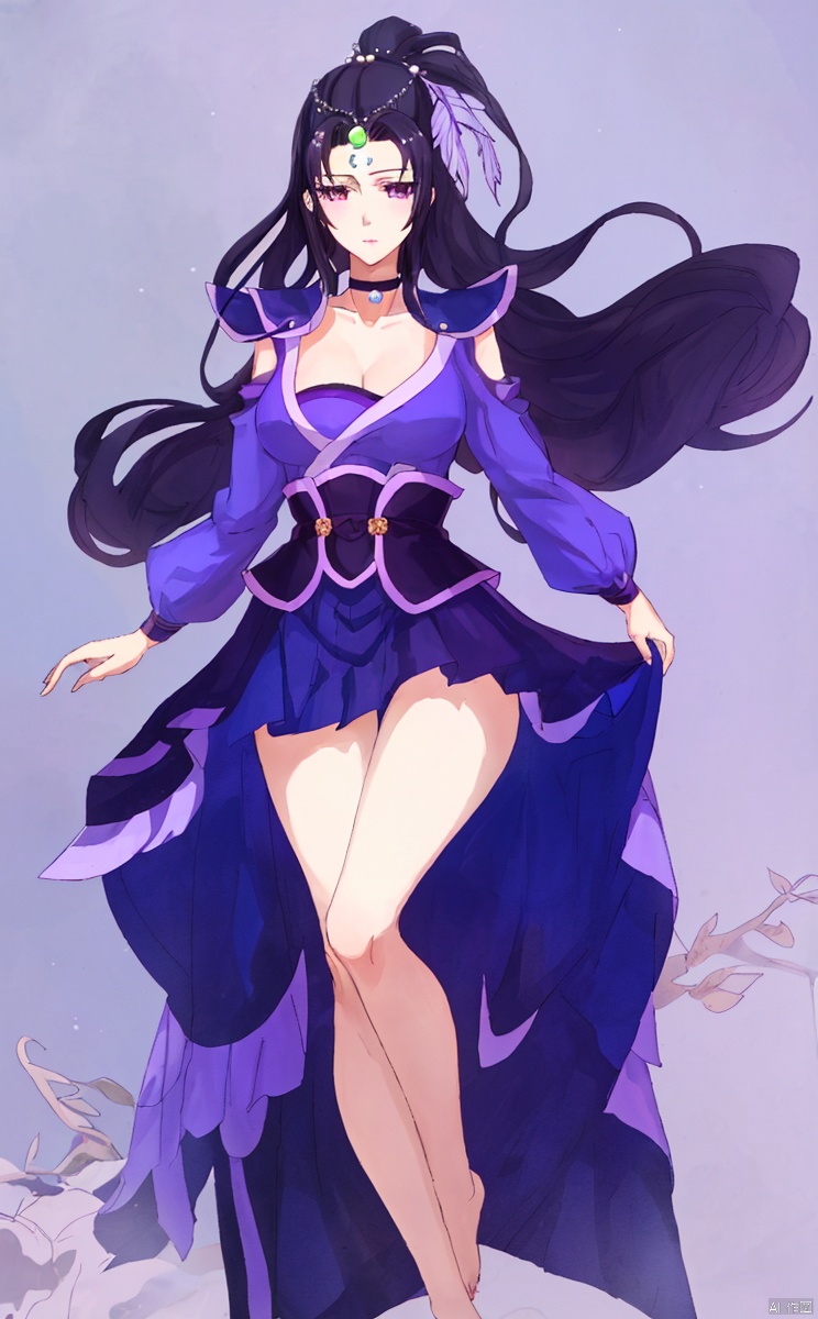 A green pearl collar on the forehead, two purple leaf hair accessories,
1girl, solo, long hair, breasts, looking at viewer, , skirt,  black hair, hair ornament,  choker,Whole body, legs, thighs, bare legs,