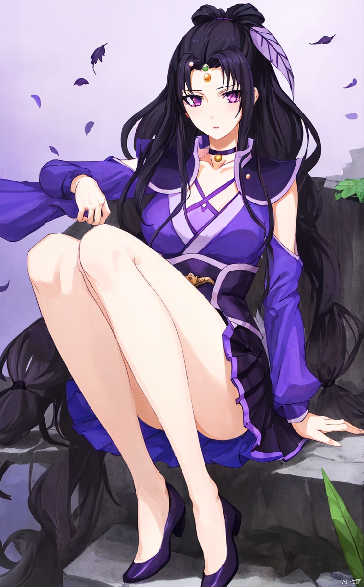 A green pearl collar on the forehead, two purple leaf hair accessories,
1girl, solo, long hair, breasts, looking at viewer, , skirt,  black hair, hair ornament, purple eyes, choker,Whole body, legs, thighs, bare legs,