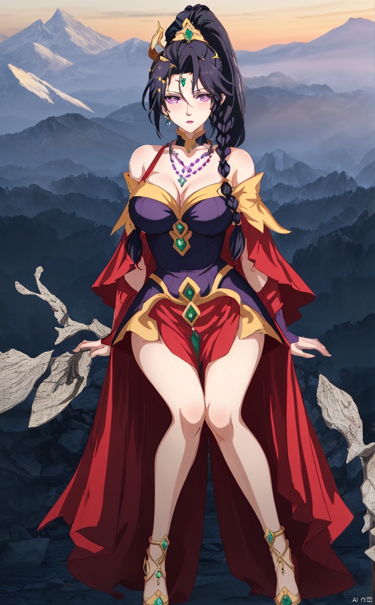 （Knees）, diamond necklace, braids, full body,,
1girl, solo, long hair, breasts, looking at viewer, black hair, hair ornament,dress, , bare shoulders, jewelry, purple eyes, ponytail, braid, mountain,