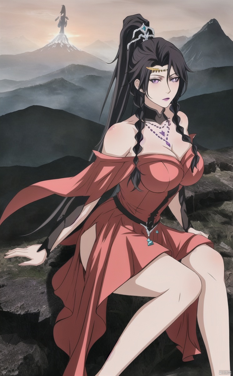 （Knees）, bare legs, diamond necklace, braids, full body,,
1girl, solo, long hair, breasts, looking at viewer, black hair, hair ornament,dress, , bare shoulders, jewelry, purple eyes, ponytail, braid, mountain,