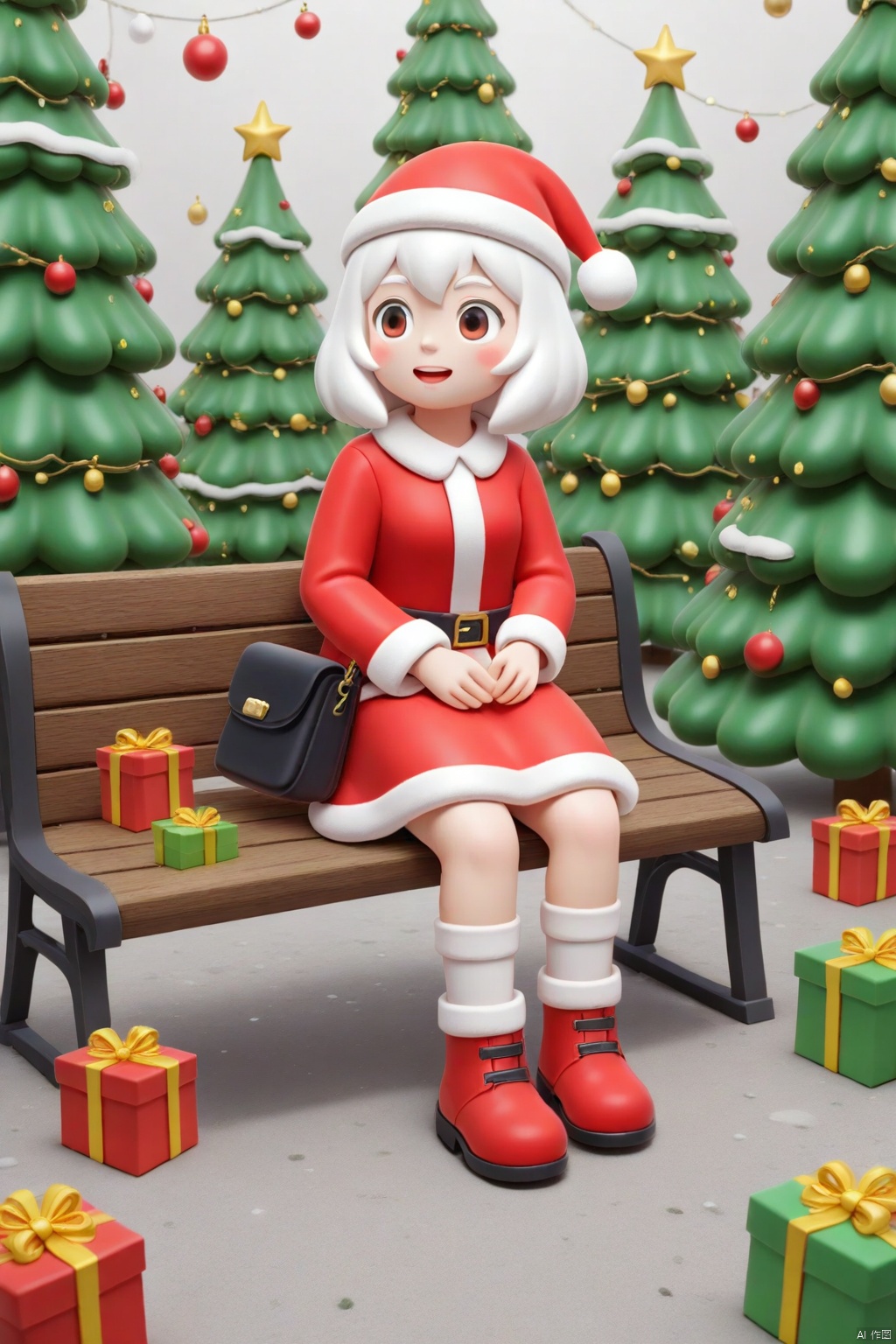 Captured at eye-level,  a woman dressed in a Santa Claus outfit sits on a wooden bench in front of a backdrop of a decorat...