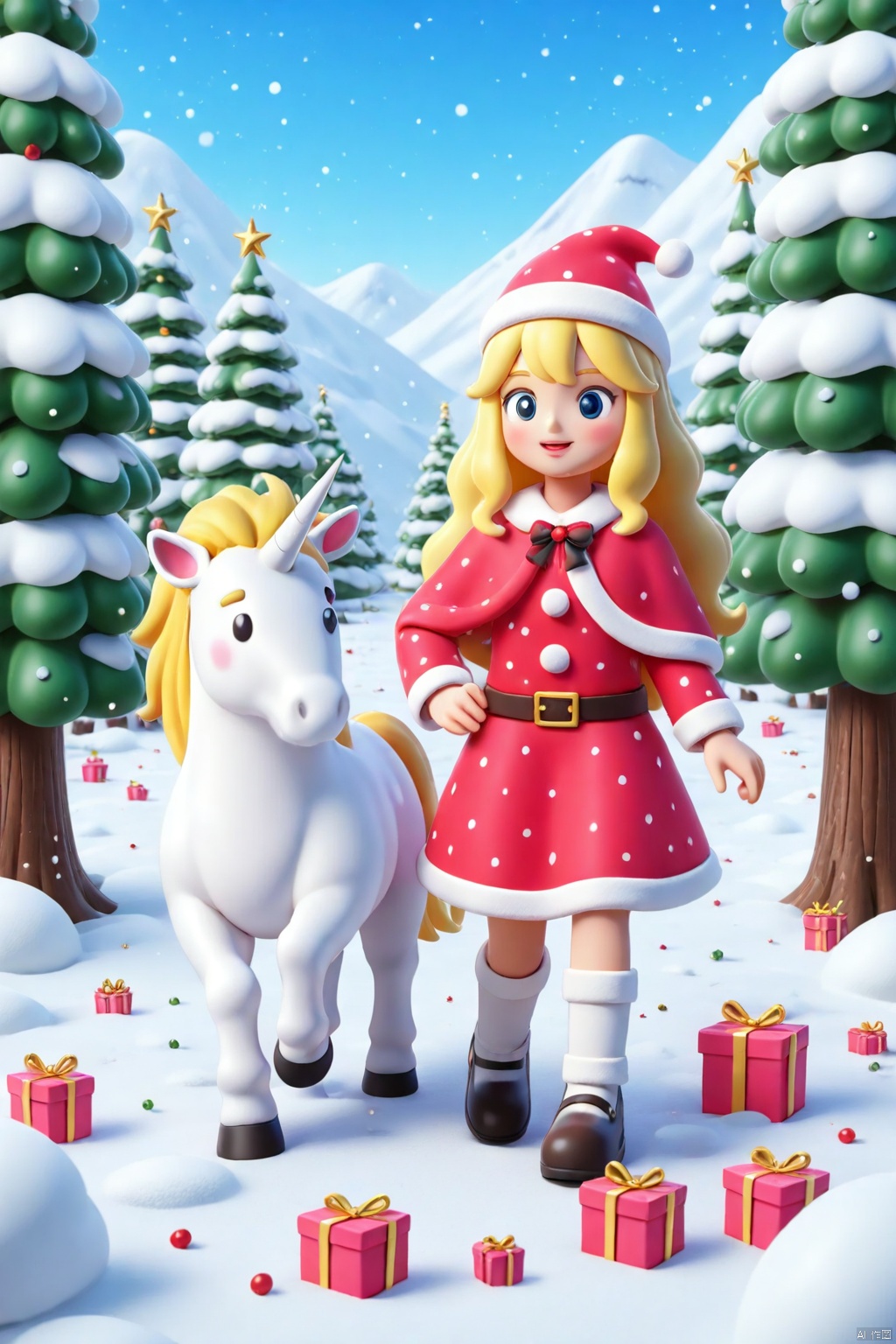 a barbie doll stands in front of a white unicorn. The barbie is dressed in a white frock,  adorned with a red Santa hat. H...