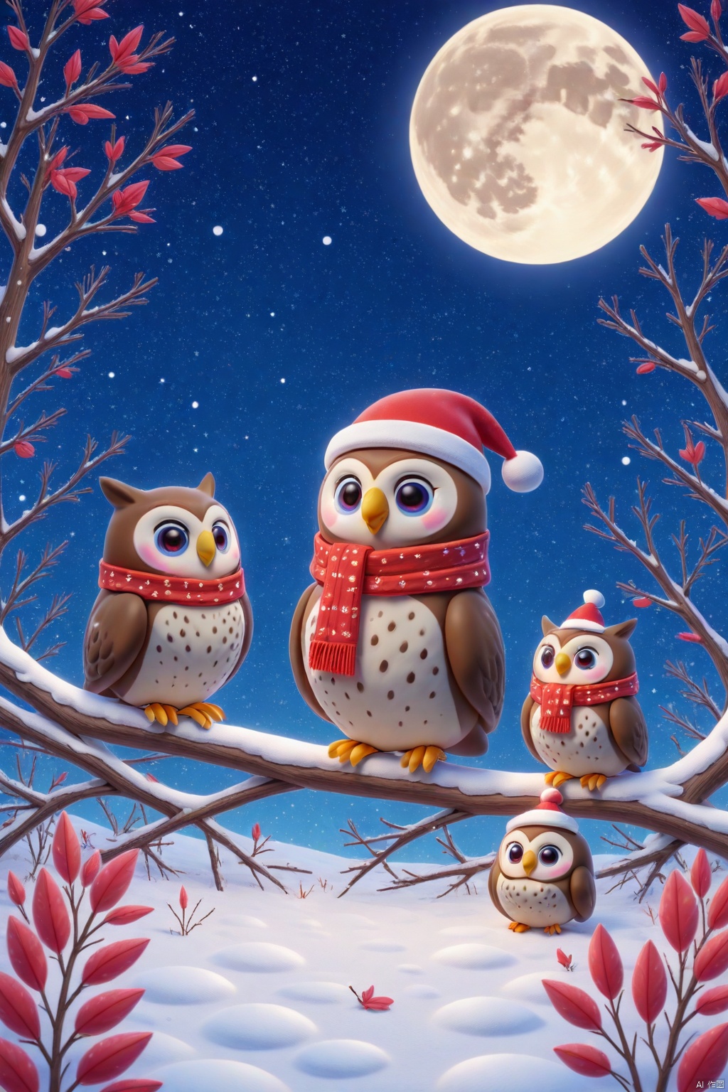two cartoon owls are perched on a branch of a tree. They are facing the same direction,  their eyes are wide open. Both ow...