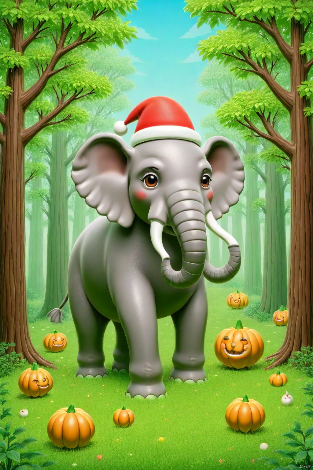 a medium-sized gray elephant is adorned with a Santa Claus hat. The elephant's head is encircled by two large brown trunks...