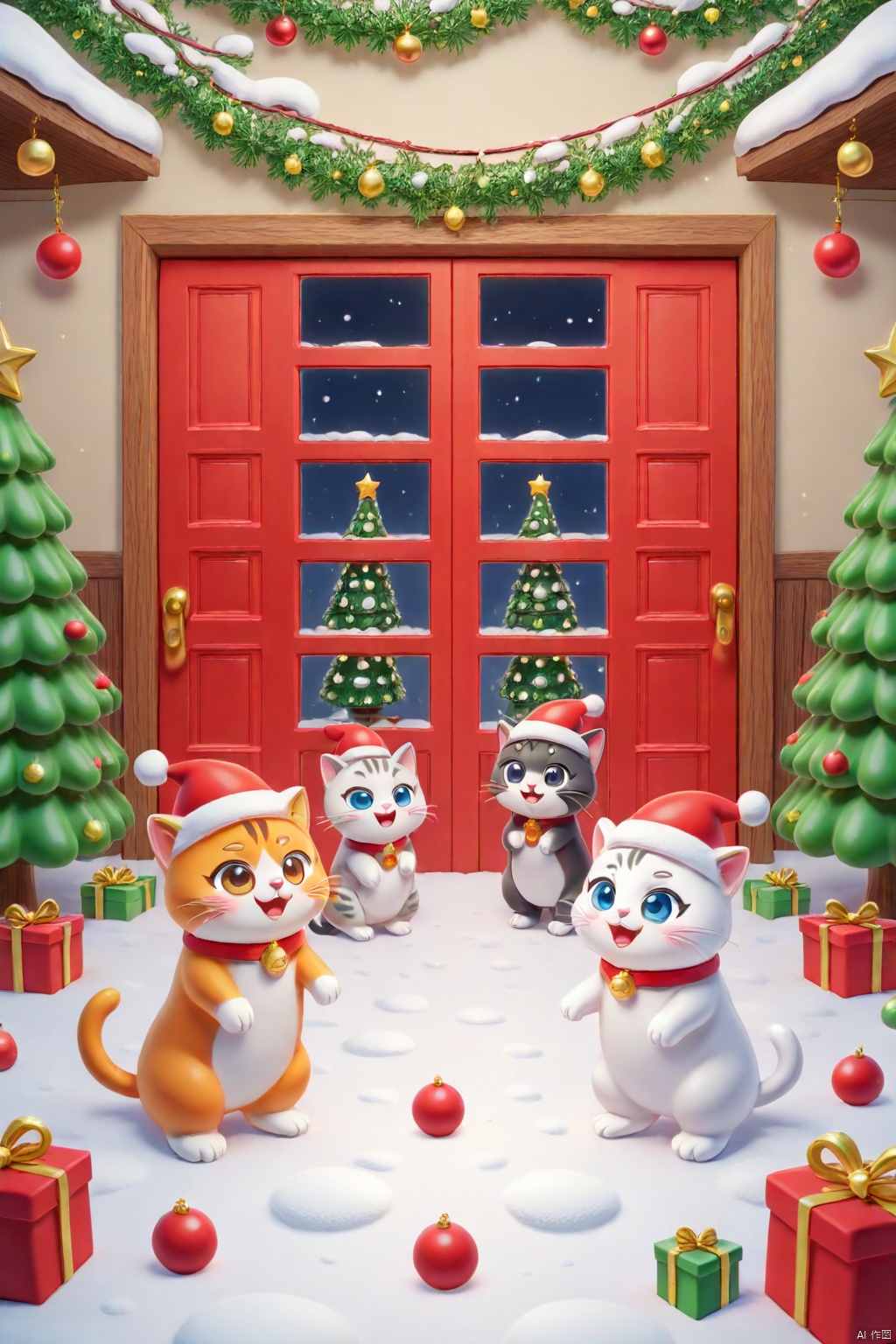 a vibrant red Santa Claus figure stands in front of a bright red door,  adorned with a gold doorknob. The figure is surrou...