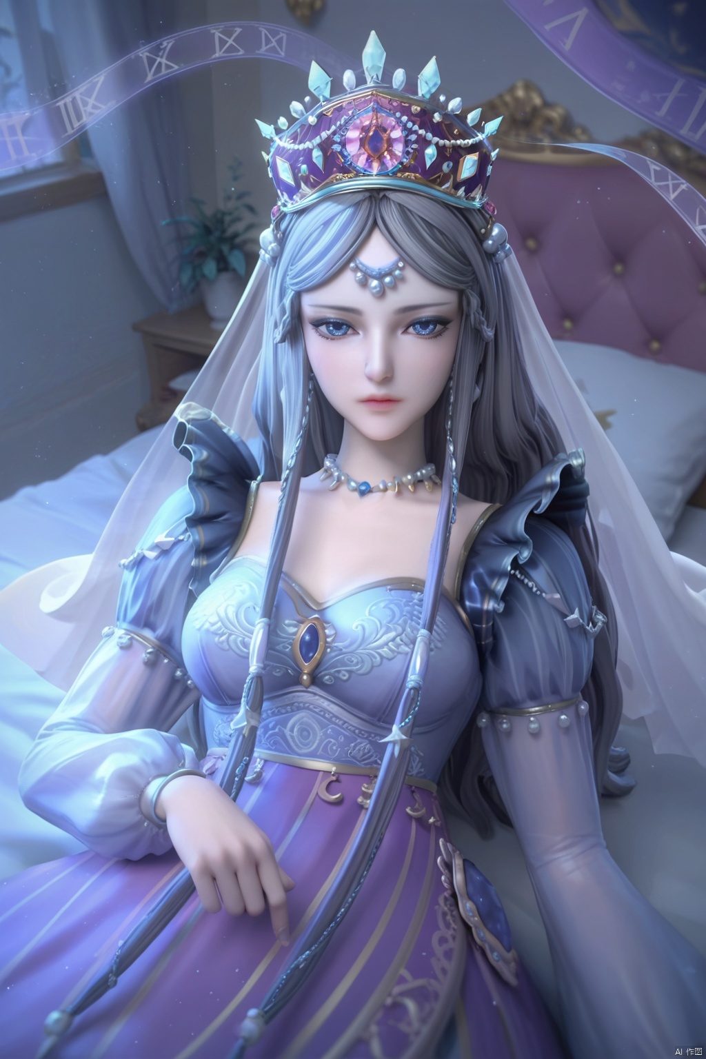 score_9,score_8_up,score_7_up,1girl,solo,long hair,grey hair,indoors,jewelry,crown,looking at viewer,long sleeves,dress,necklace,veil,streamers, bed,lying
